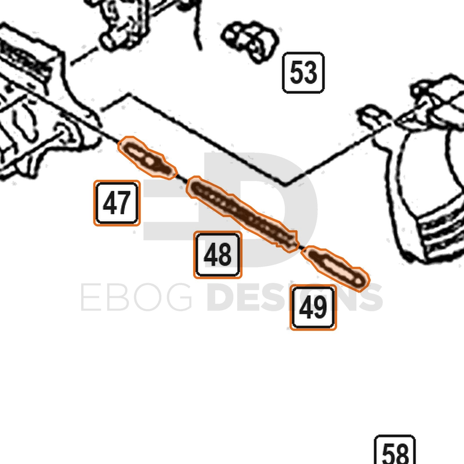 WE Hi-Capa parts diagram with the safety rod set, parts 47, 48 and 49, outlined