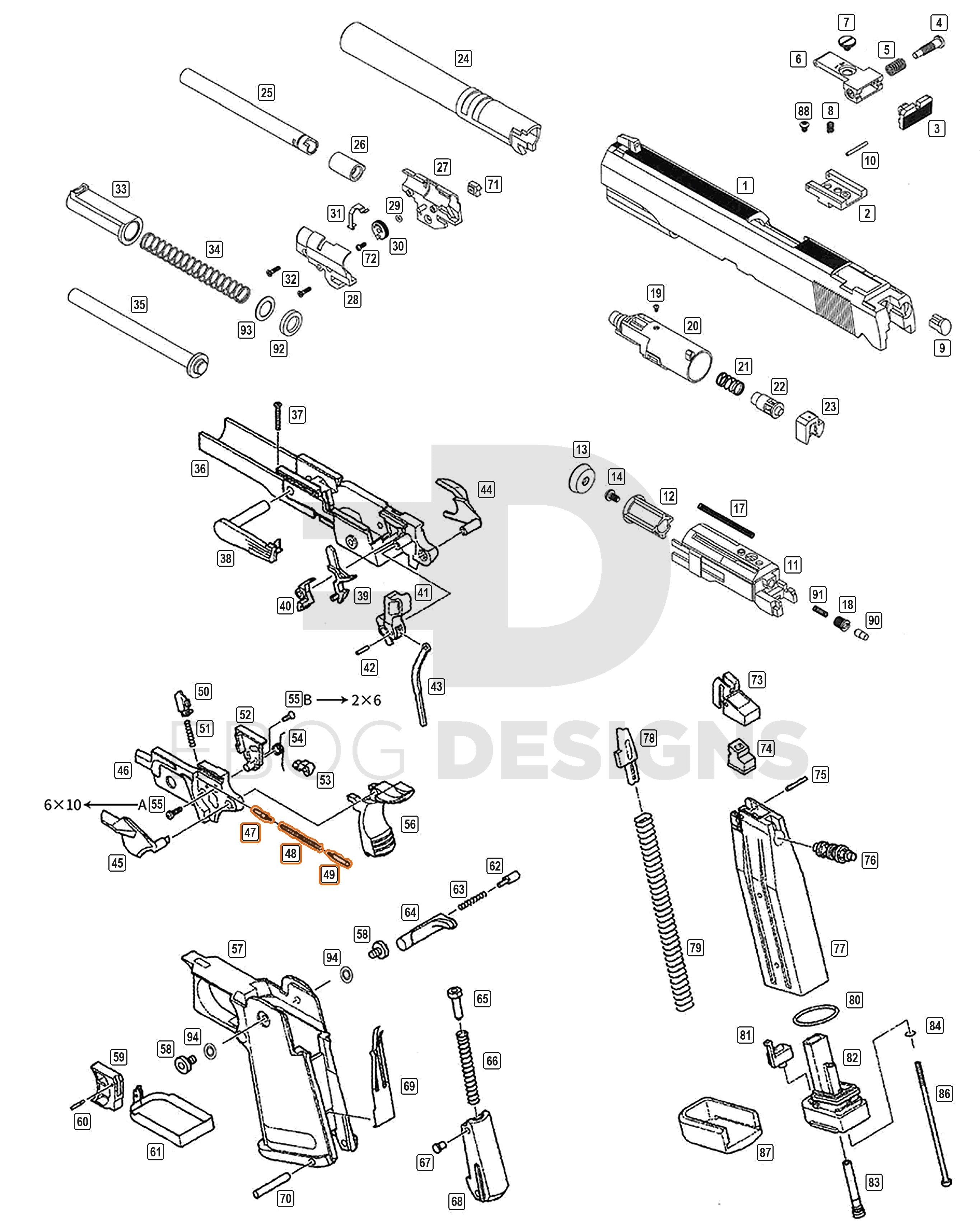 Full WE Hi-Capa parts diagram showing where the safety rod set (parts 47, 48 and 49) fits