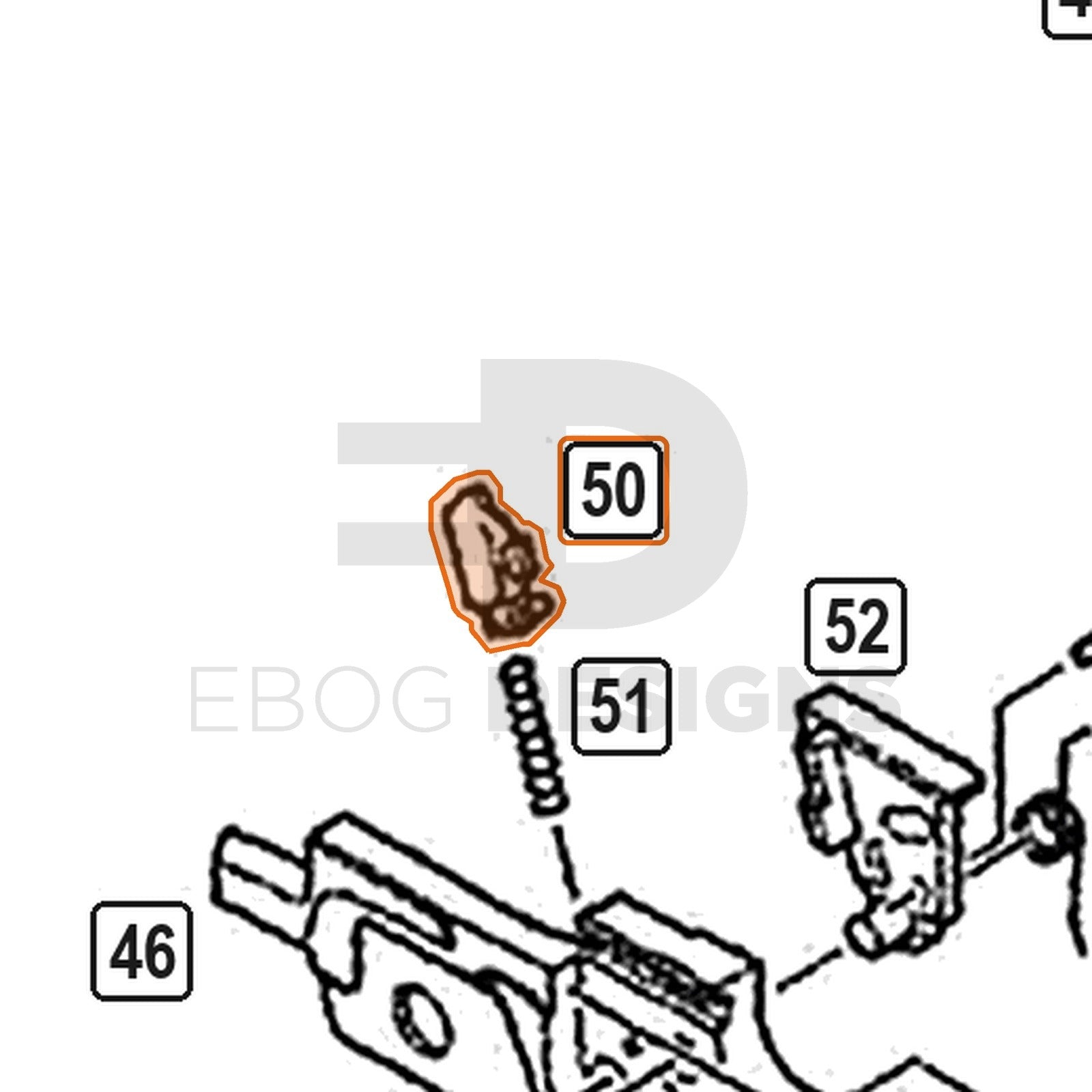 WE Hi-Capa parts diagram with the valve knocker sear, part 50, outlined