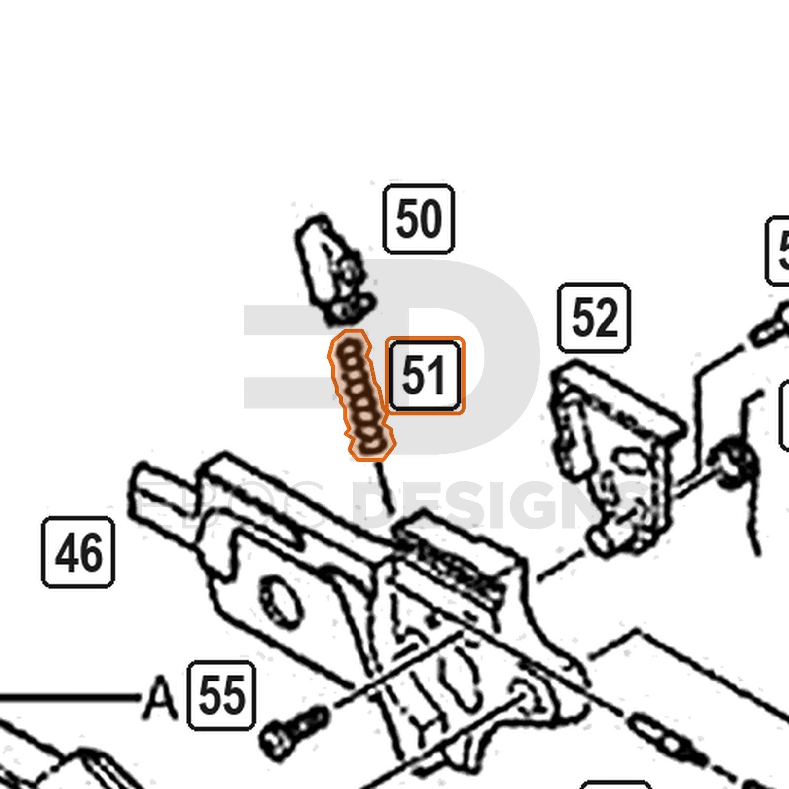 WE Hi-Capa parts diagram with the knocker sear spring, part 51, outlined