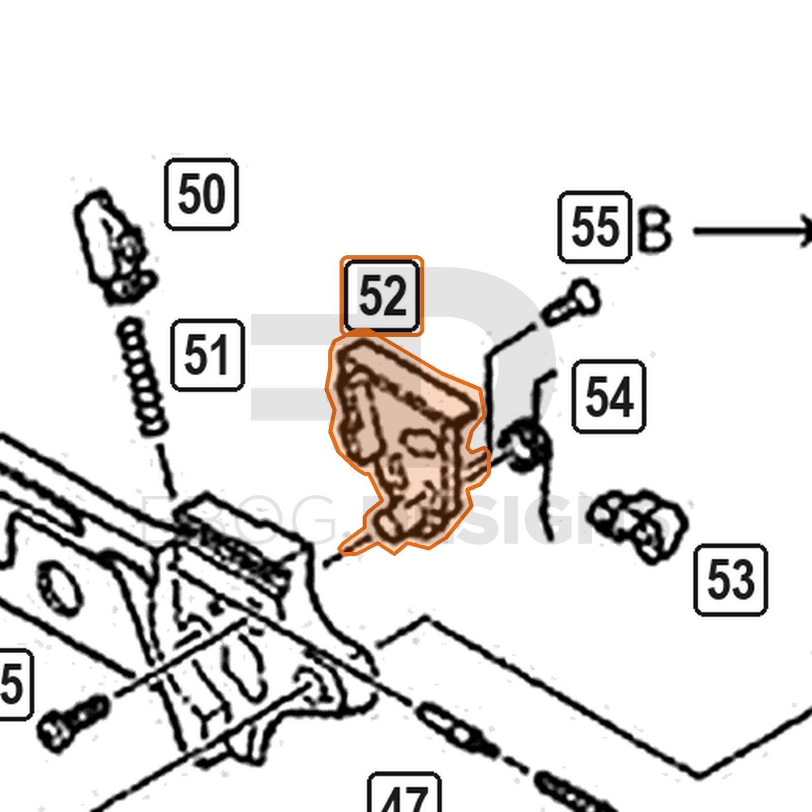 WE Hi-Capa parts diagram with the valve knocker housing, part 52, outlined