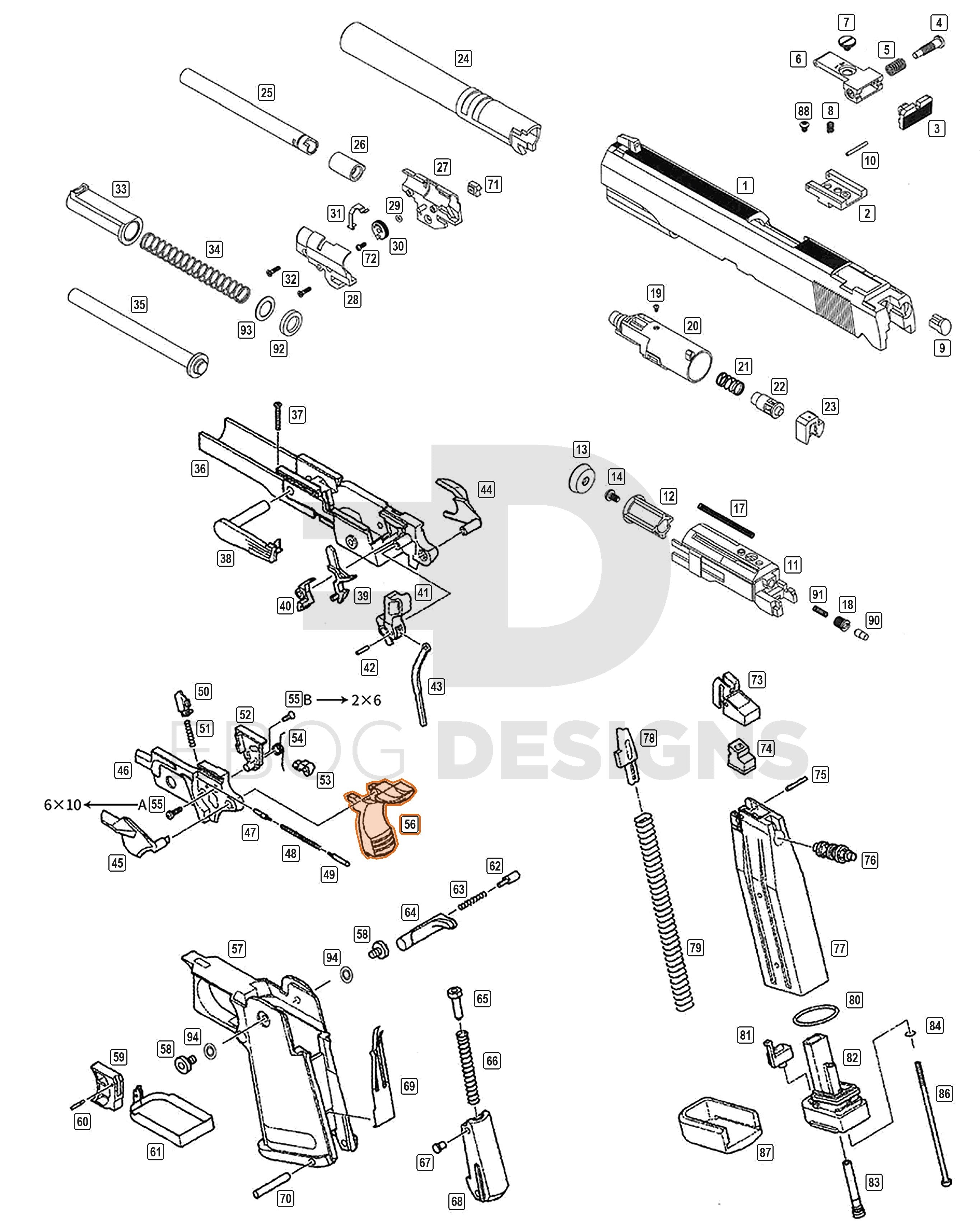 Full WE Hi-Capa parts diagram showing where the brushed silver grip safety B (part 56) fits