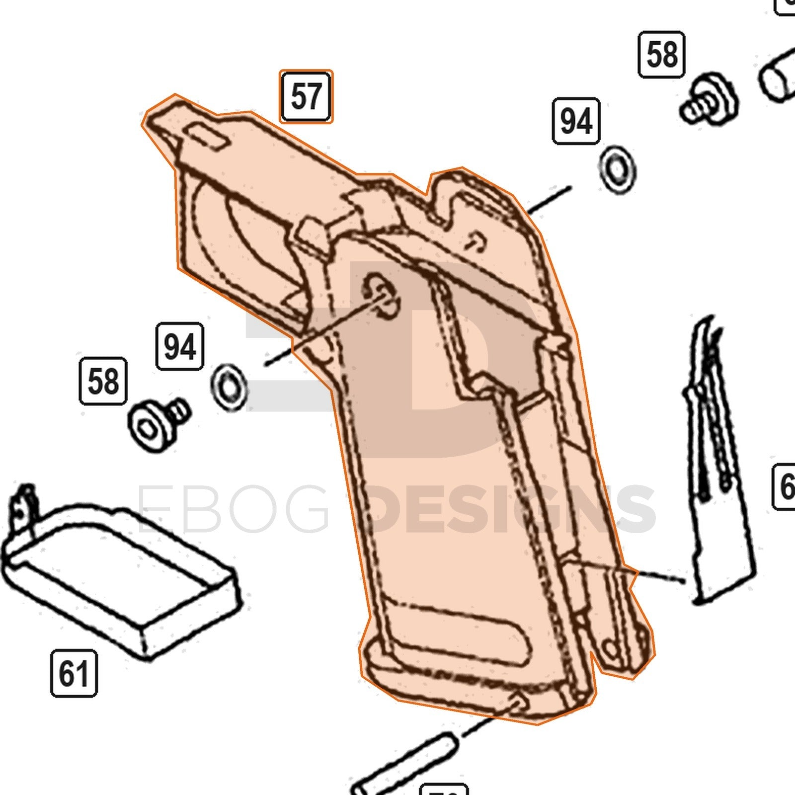 WE Hi-Capa parts diagram with the 3.8 grip, part 57, outlined
