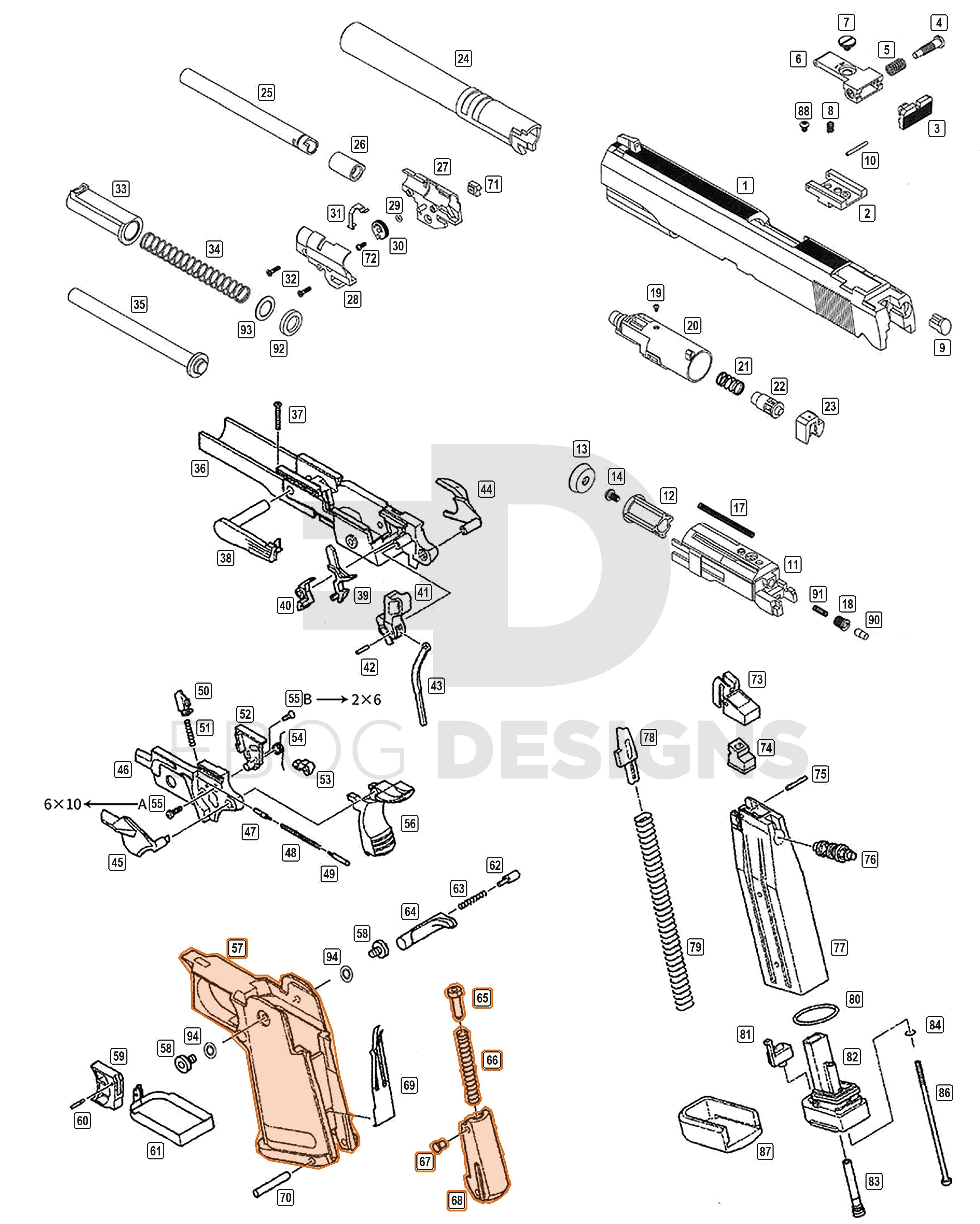 Full WE Hi-Capa parts diagram showing where the 3.8 grip set (parts 57, 65, 66, 67 and 68) fits