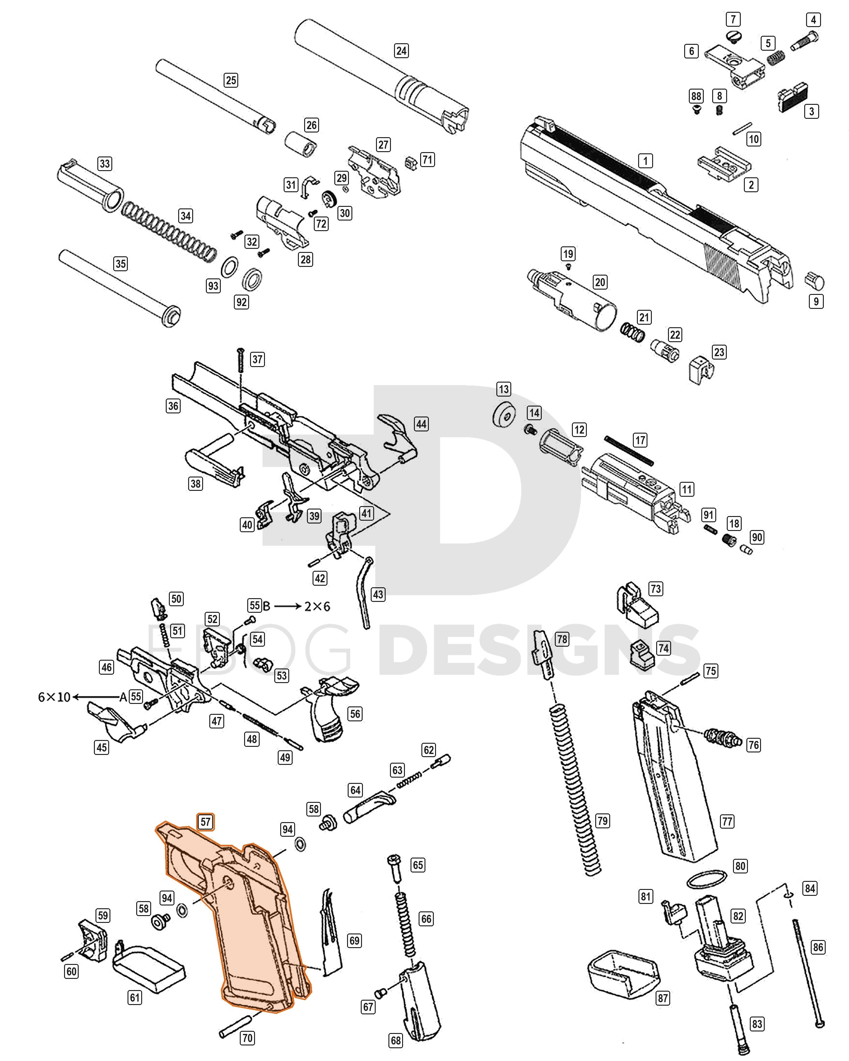 Full WE Hi-Capa parts diagram showing where the grip / lower frame (Type B) fits (part 57)