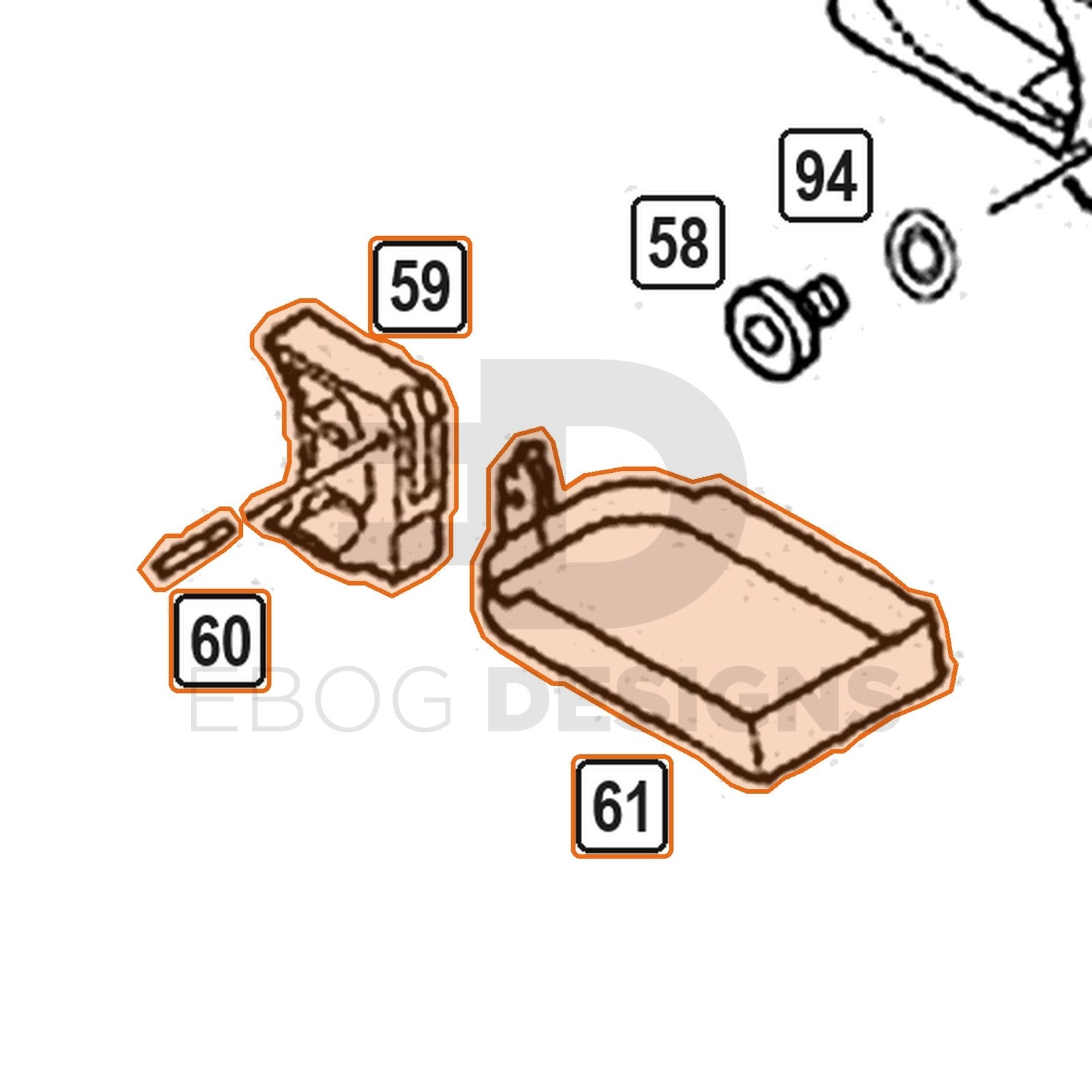 WE Hi-Capa parts diagram with the trigger and bar C, parts 59, 60 and 61, outlined