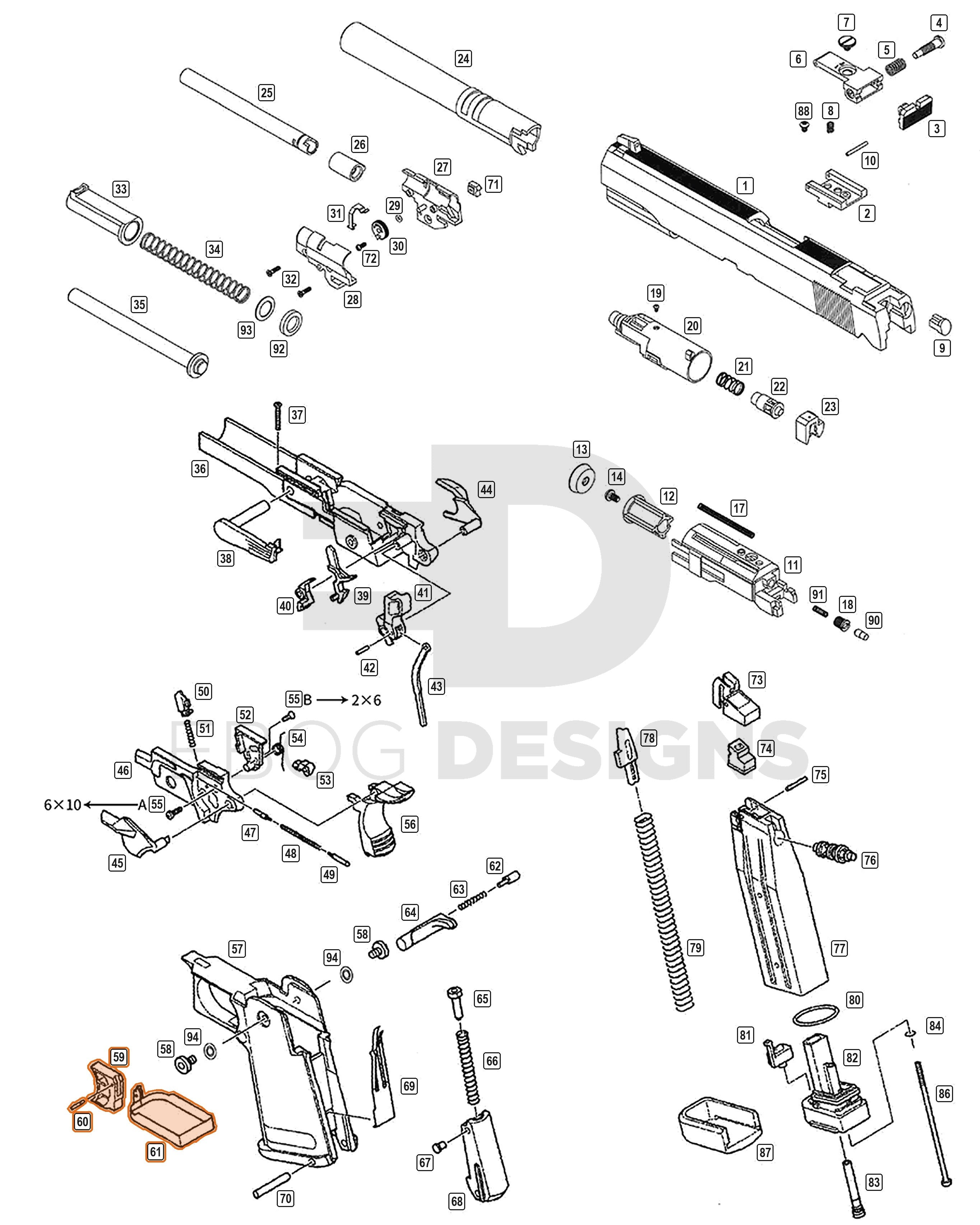 Full WE Hi-Capa parts diagram showing where the trigger and bar C (parts 59, 60 and 61) fit