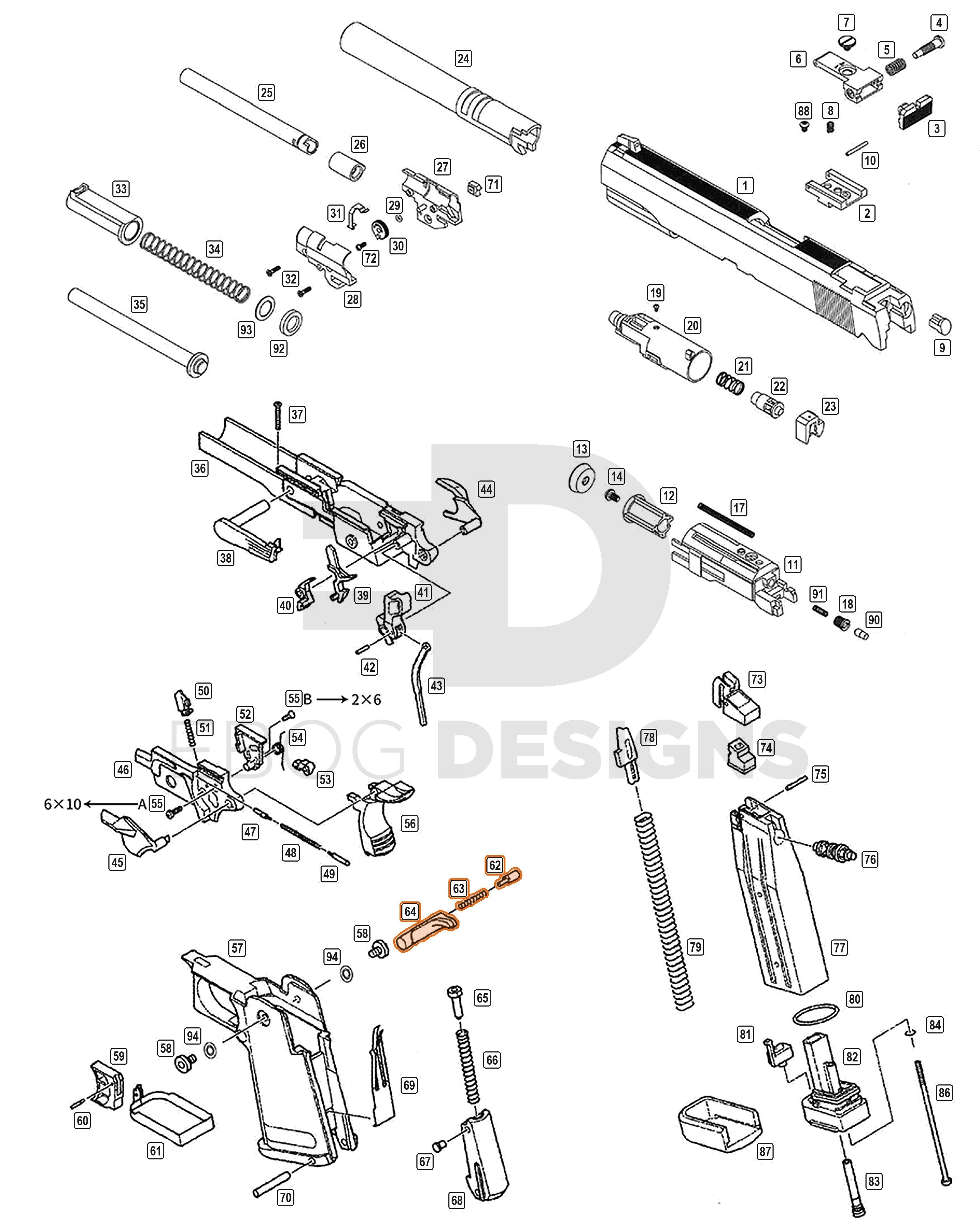 Full WE Hi-Capa parts diagram showing where the magazine release (hatched) fits (parts 62, 63 and 64)