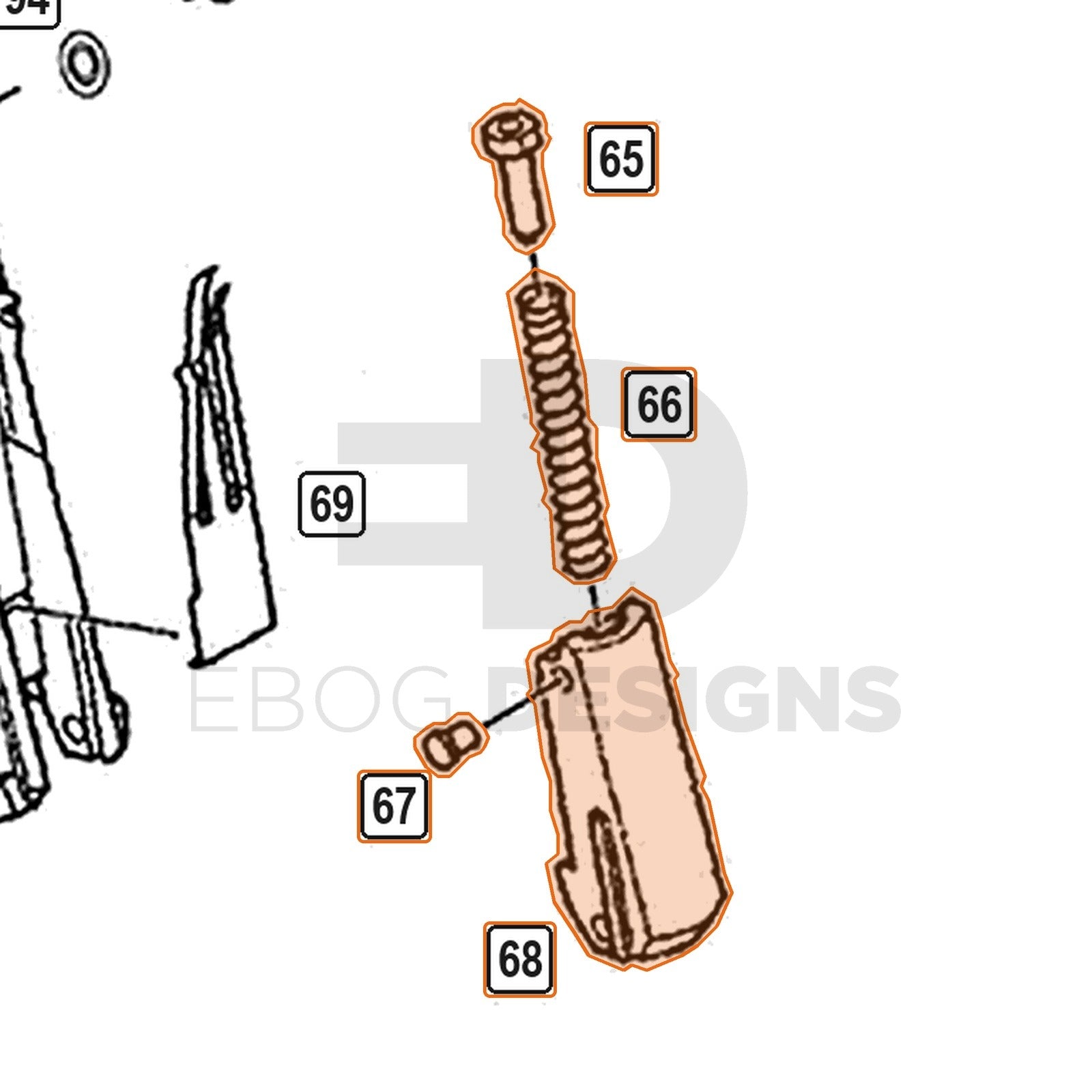 WE Hi-Capa parts diagram with the hammer spring grip block, parts 65 to 68, outlined