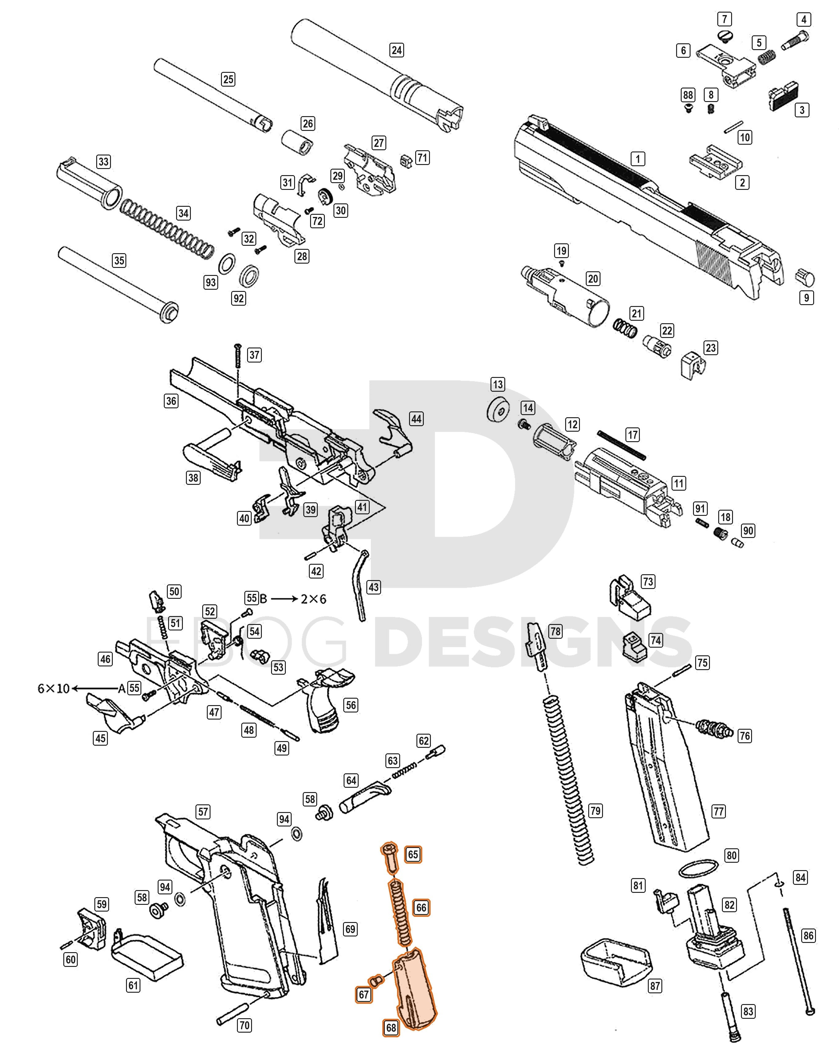 Full WE Hi-Capa parts diagram showing where the hammer spring grip block (parts 65 to 68) fits