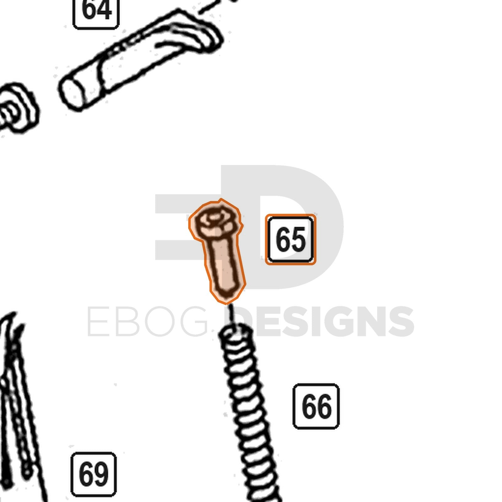 WE Hi-Capa parts diagram with the grip block plunger, part 65, outlined