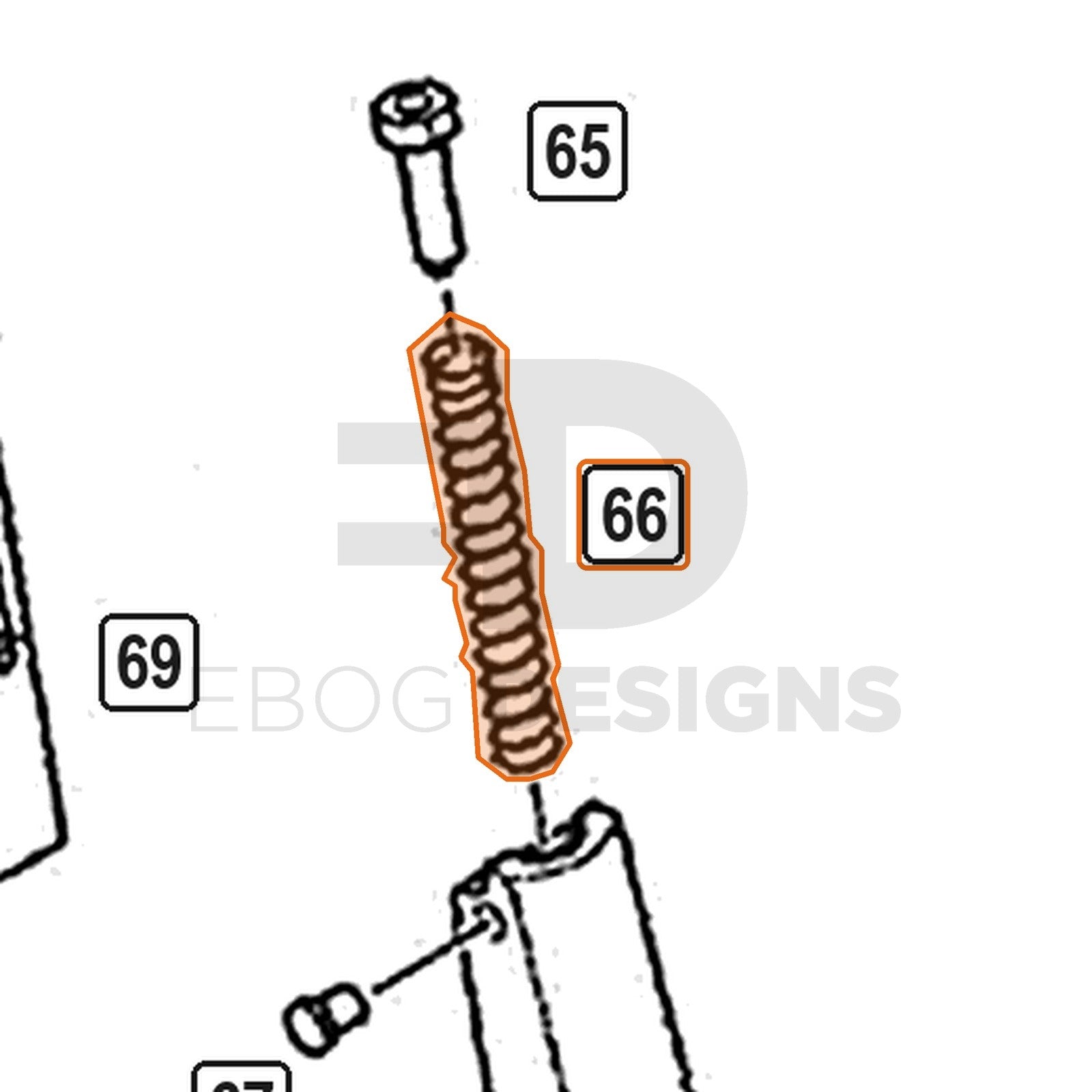 WE Hi-Capa parts diagram with the hammer spring, part 66, outlined