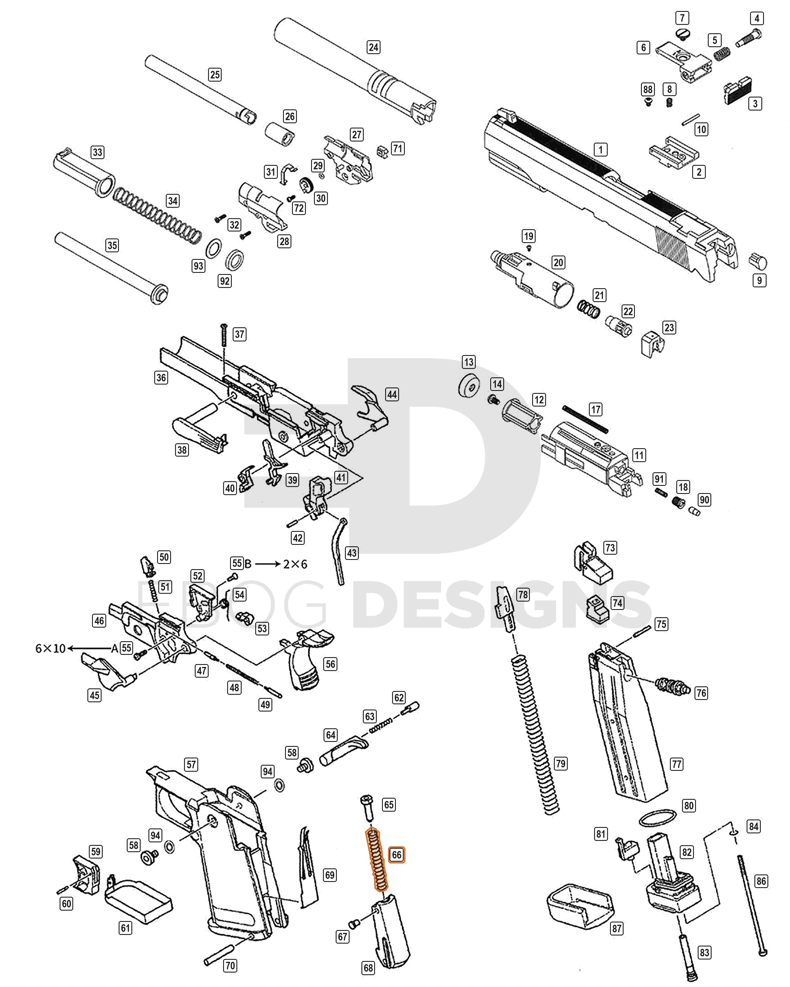 Full WE Hi-Capa parts diagram showing where the hammer spring (part 66) fits
