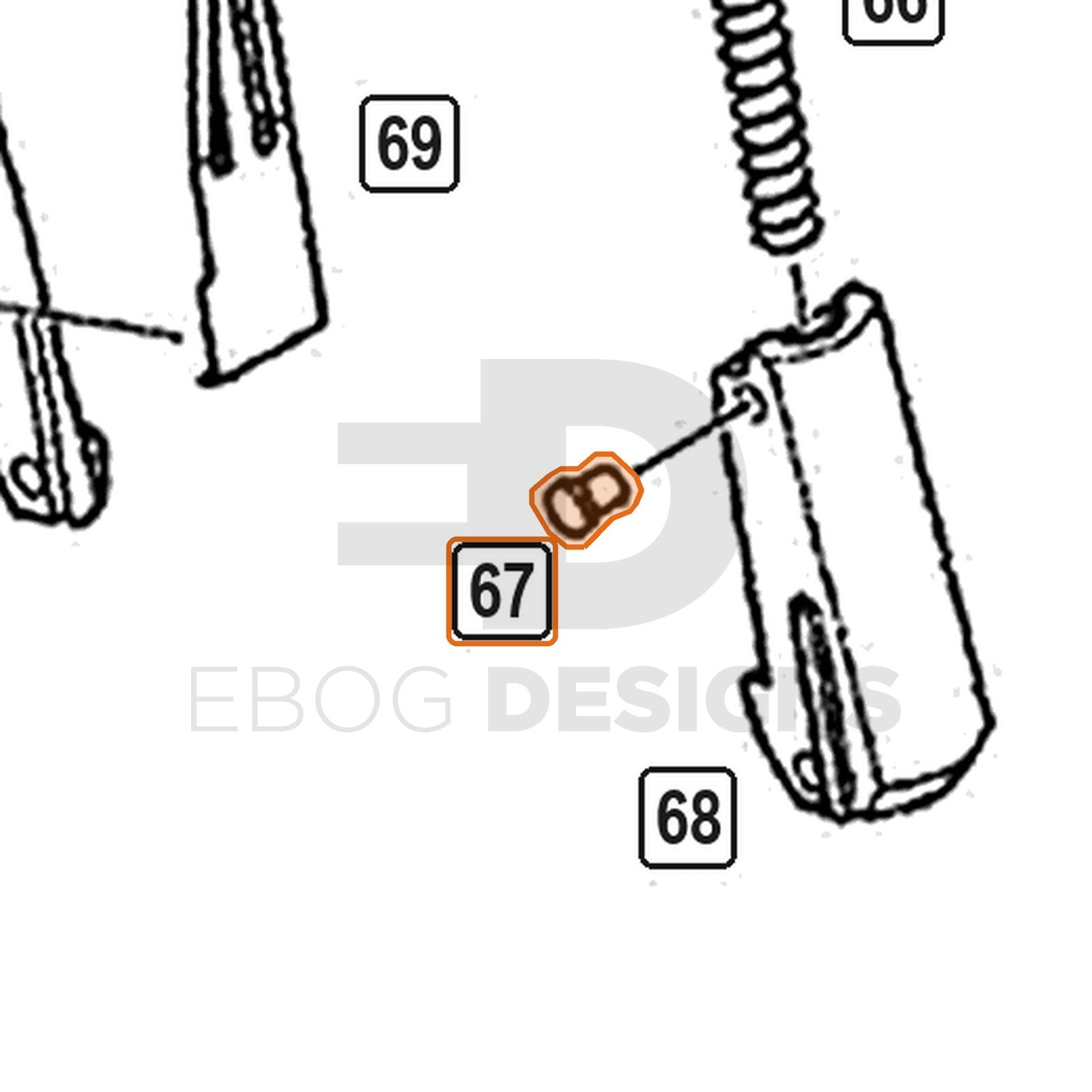 WE Hi-Capa parts diagram with the grip block pin, part 67, outlined