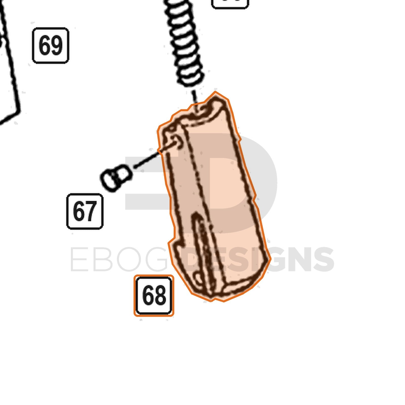 WE Hi-Capa parts diagram with the grip block, part 68, outlined