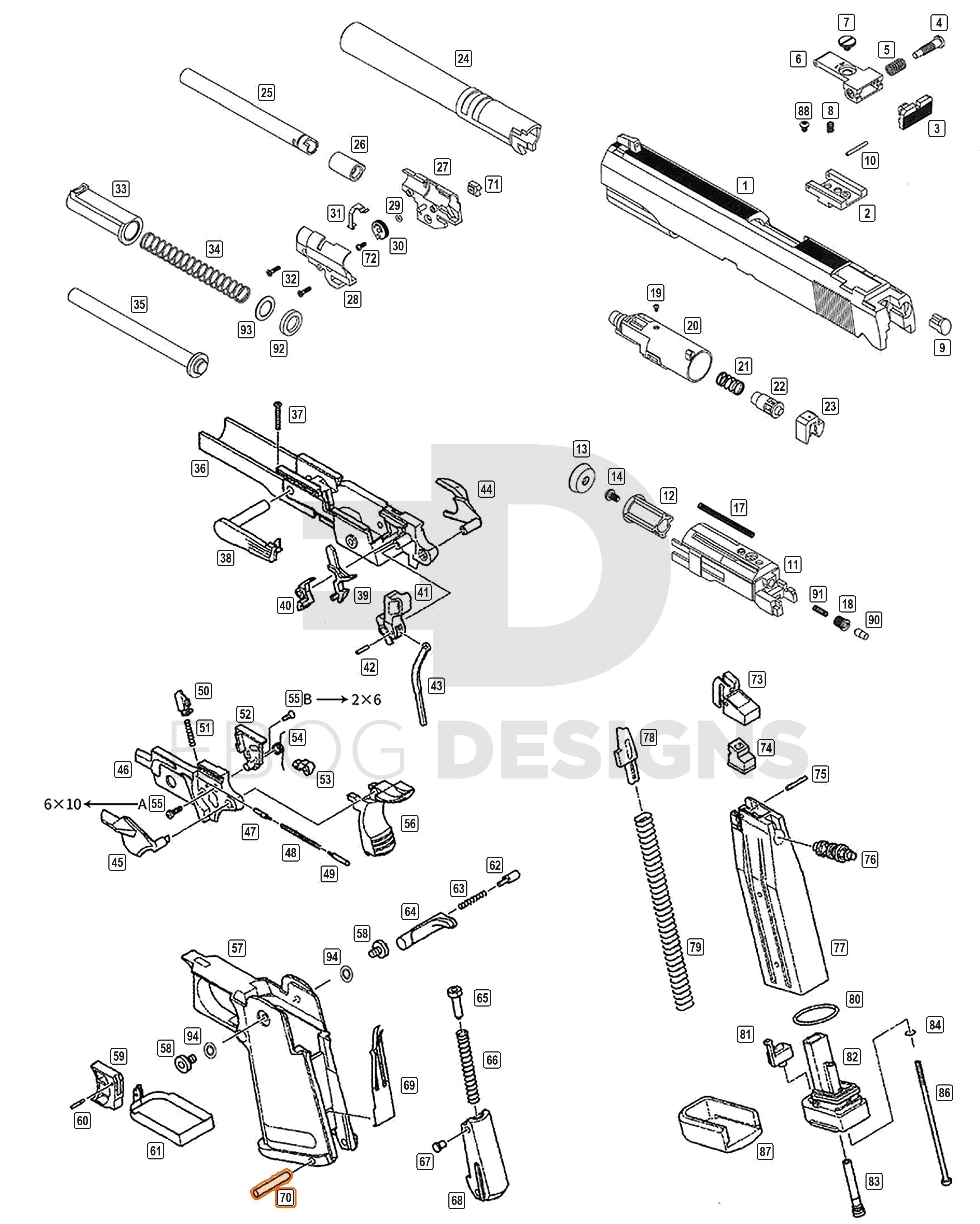 Full WE Hi-Capa parts diagram showing where the grip pin (part 70) fits