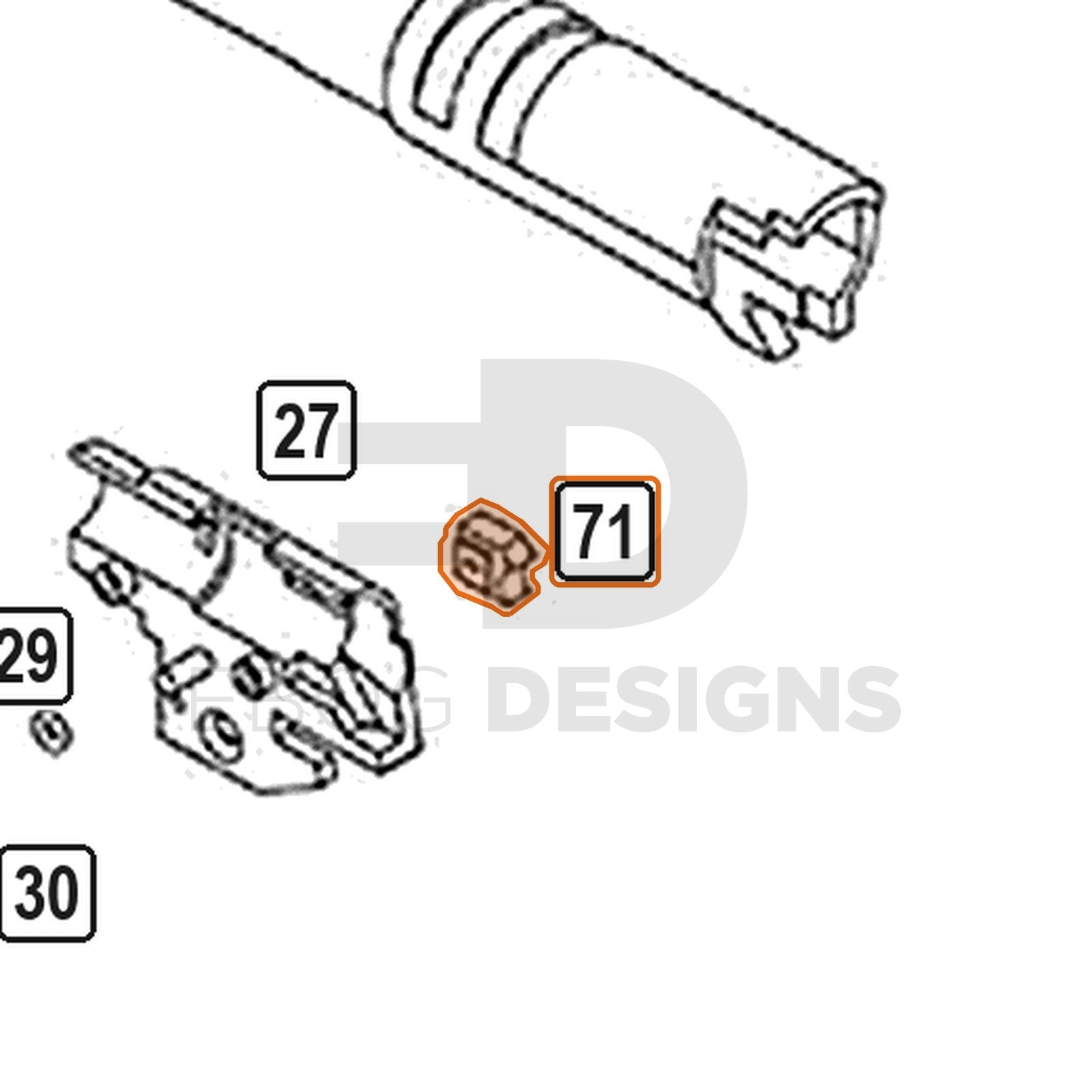 WE Hi-Capa parts diagram with the hop chamber stopper, part 71, outlined