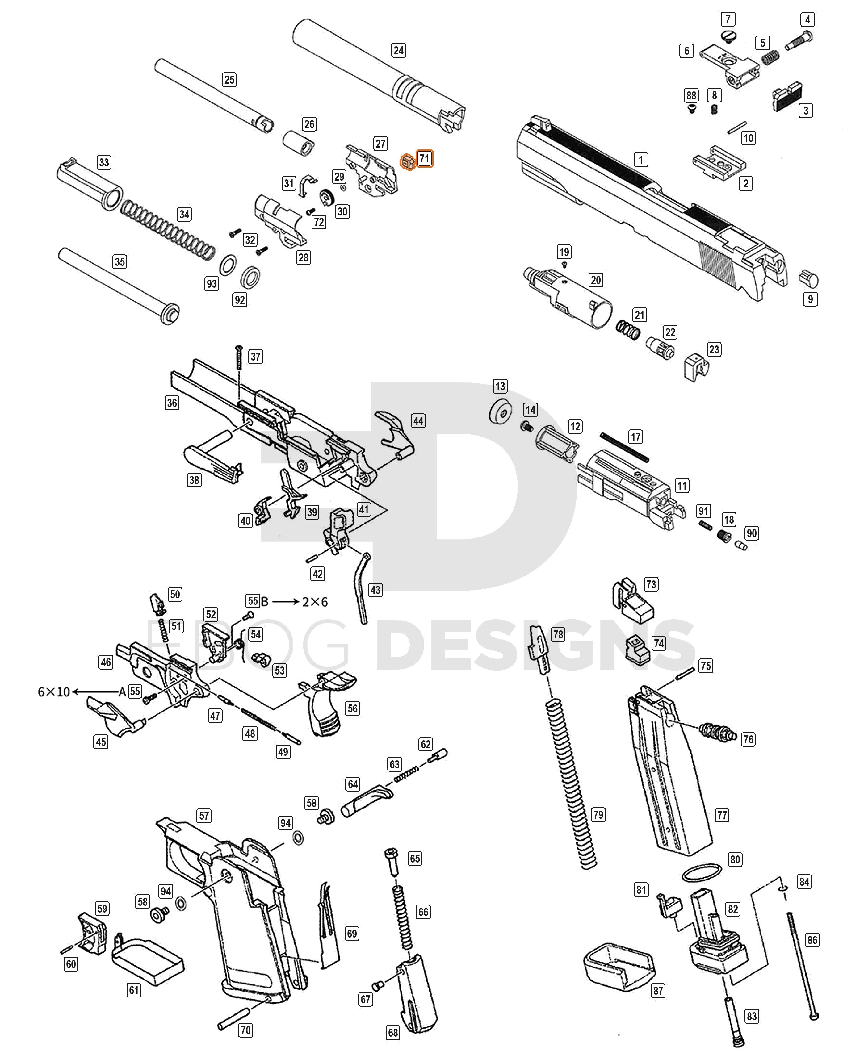 Full WE Hi-Capa parts diagram showing where the hop chamber stopper (part 71) fits