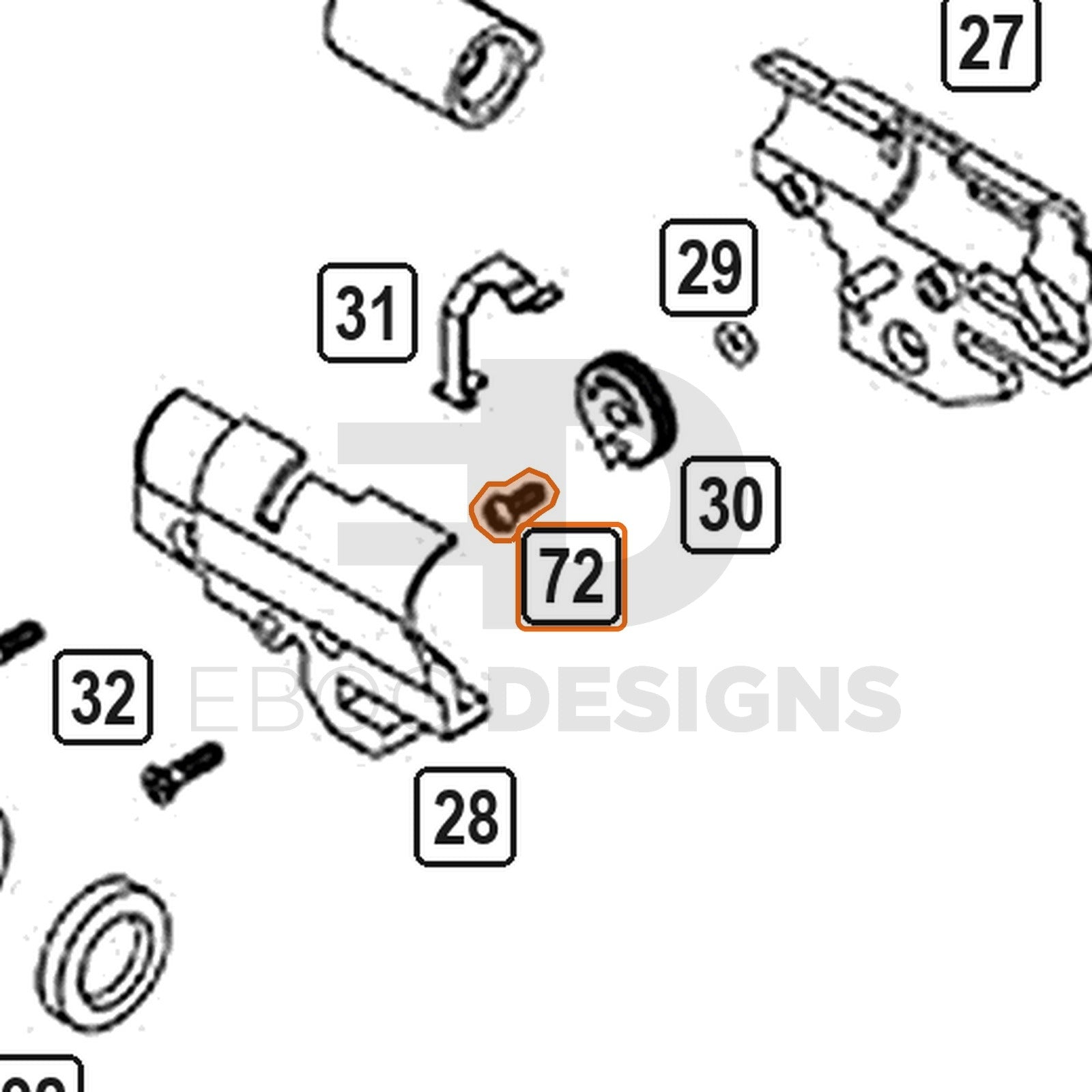 WE Hi-Capa parts diagram with the hop chamber stopper screw, part 72, outlined