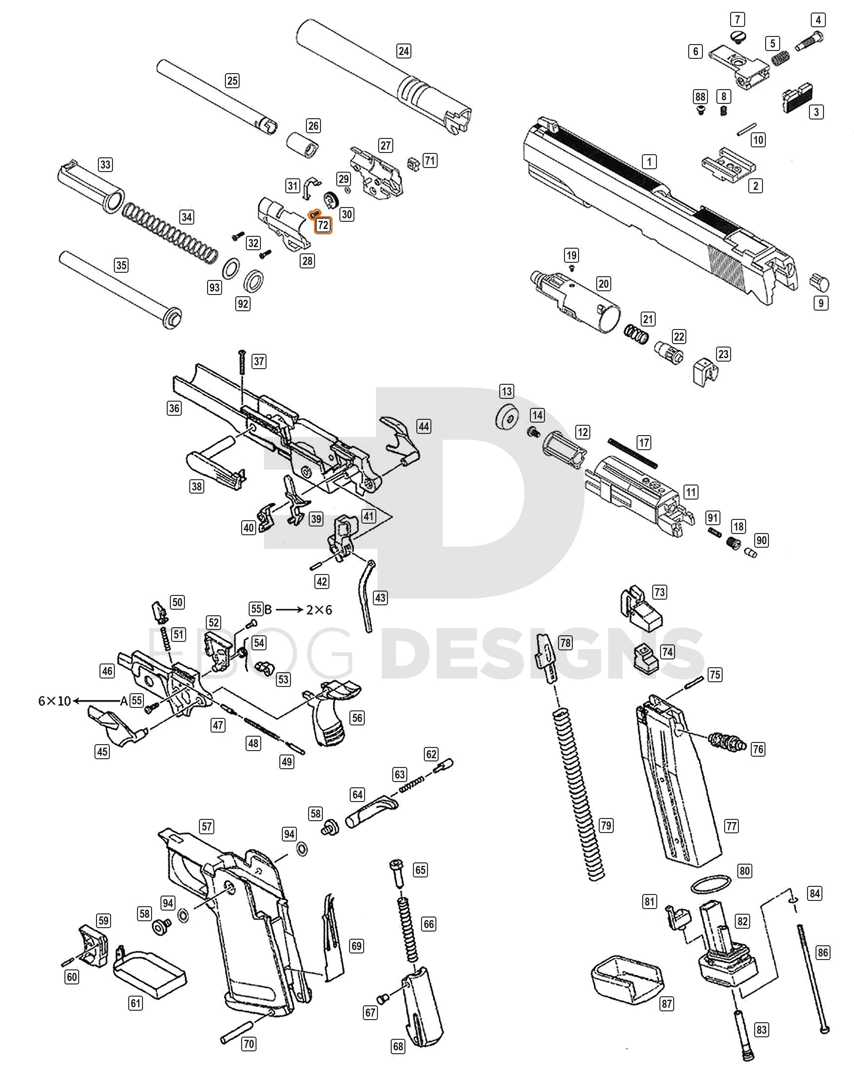 Full WE Hi-Capa parts diagram showing where the hop chamber stopper screw (part 72) fits