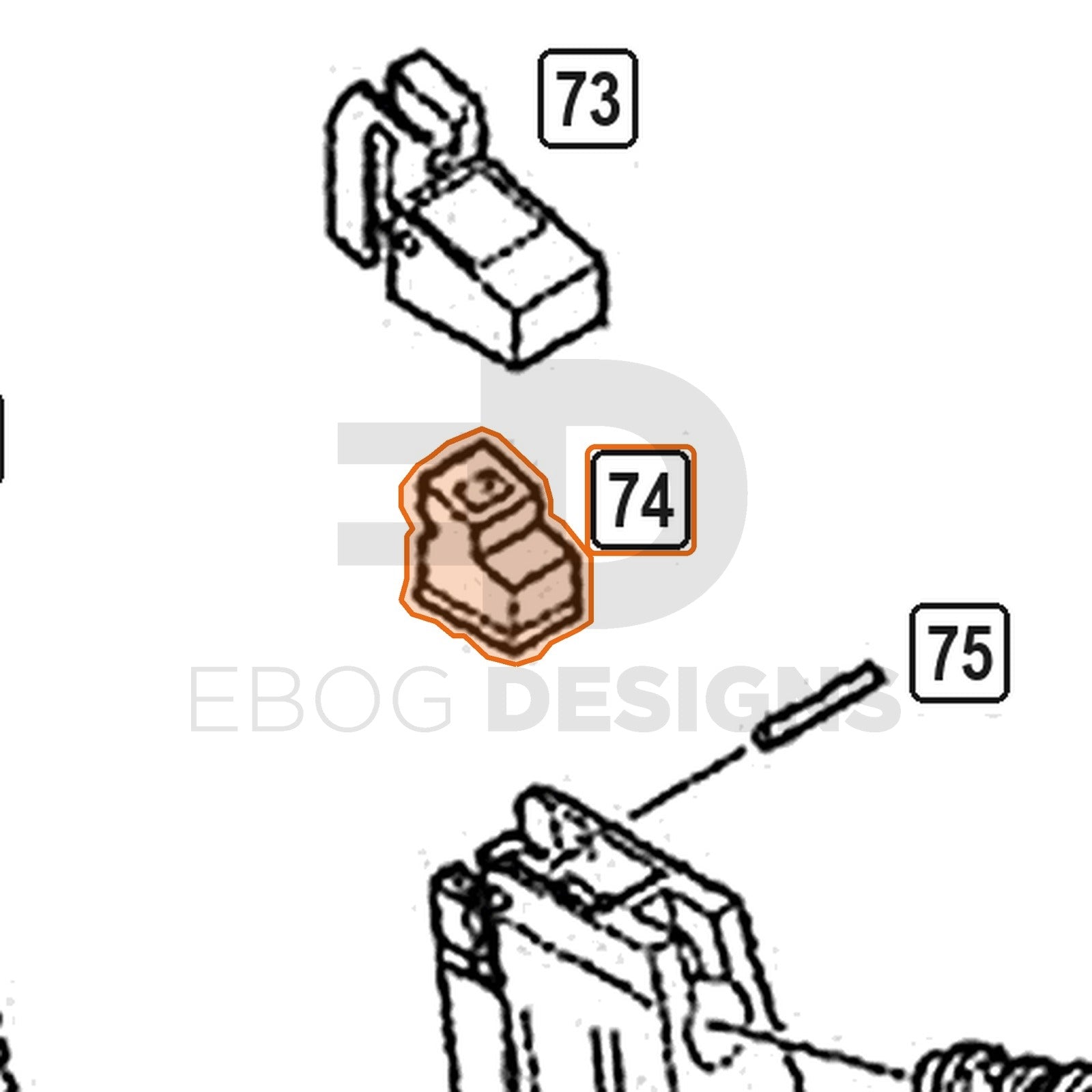 WE Hi-Capa parts diagram with the gas route, part 74, outlined