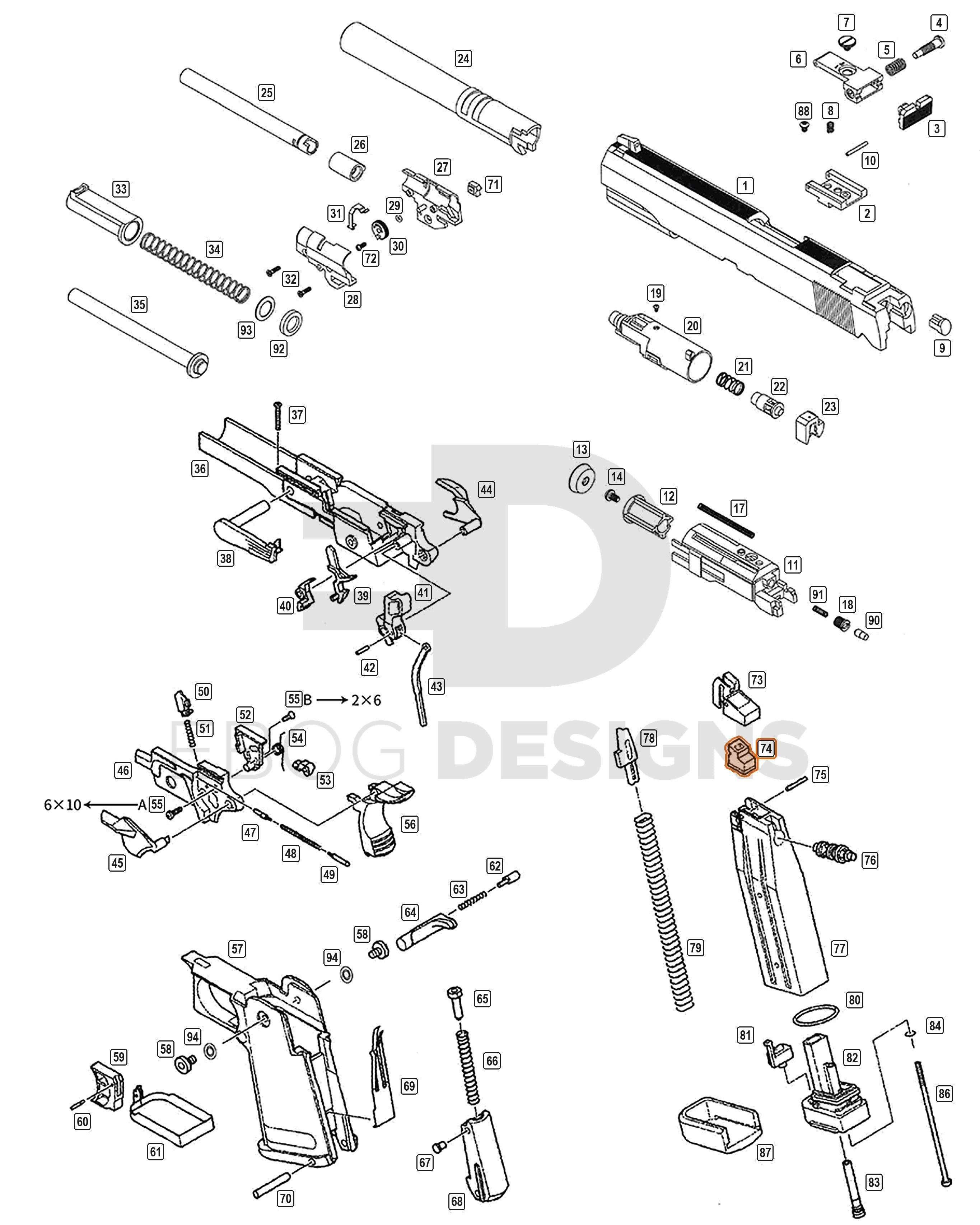 Full WE Hi-Capa parts diagram showing where the gas route (part 74) fits