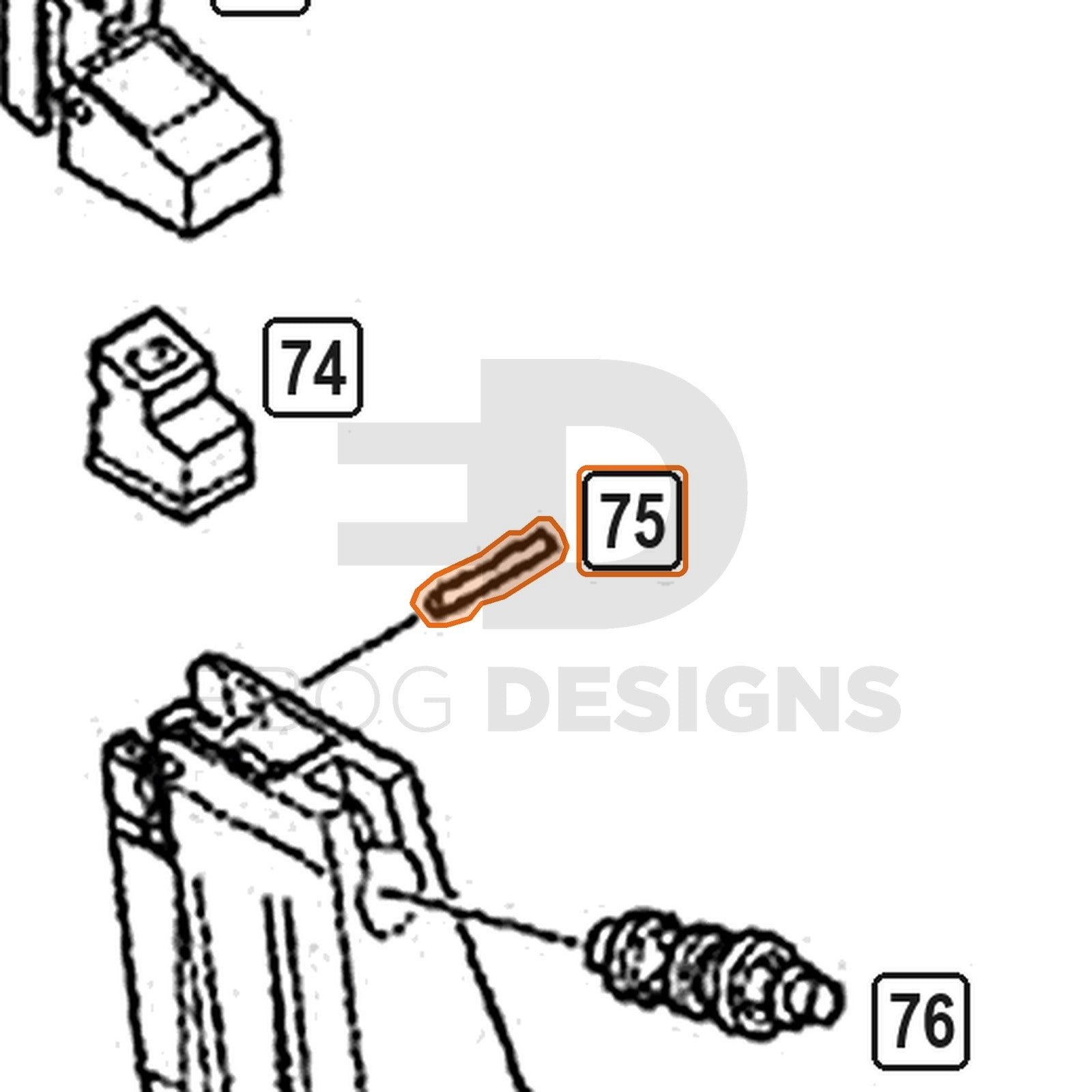WE Hi-Capa parts diagram with the magazine feed lip pin, part 75, outlined