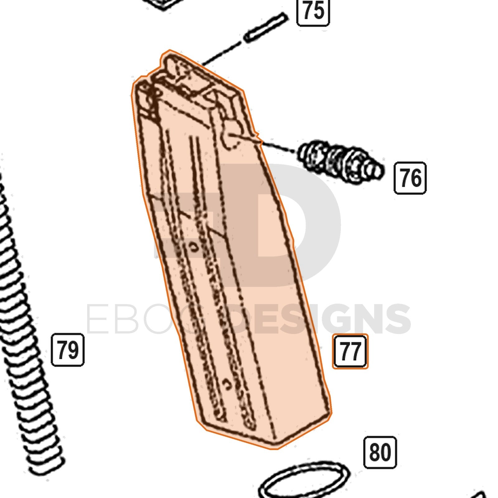 WE Hi-Capa parts diagram with the magazine shell, part 77, outlined