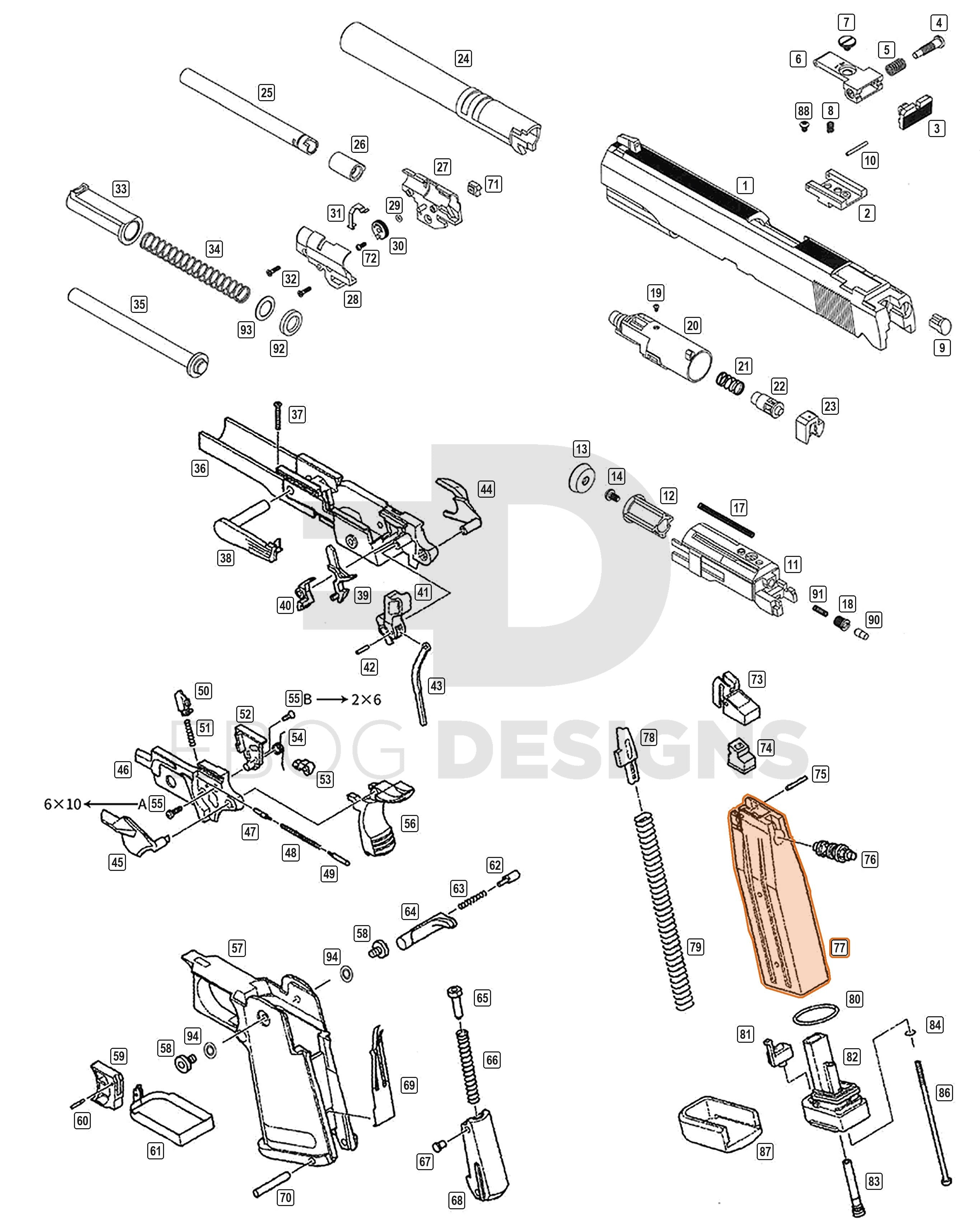 Full WE Hi-Capa parts diagram showing where the magazine shell (part 77) fits