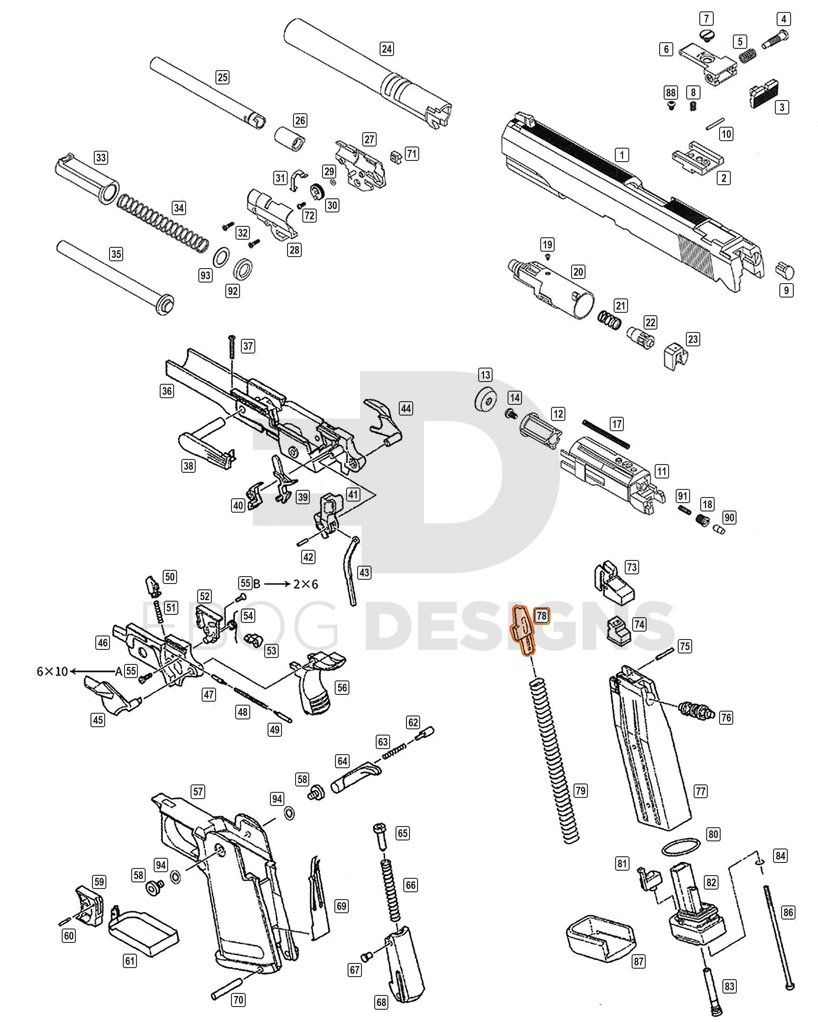 Full WE Hi-Capa parts diagram showing where the magazine follower (part 78) fits