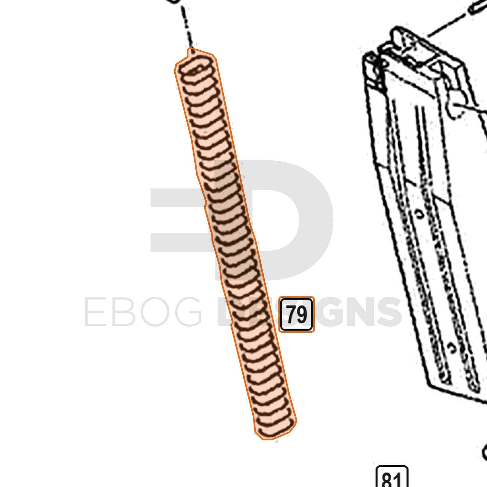WE Hi-Capa parts diagram with the magazine spring, part 79, outlined