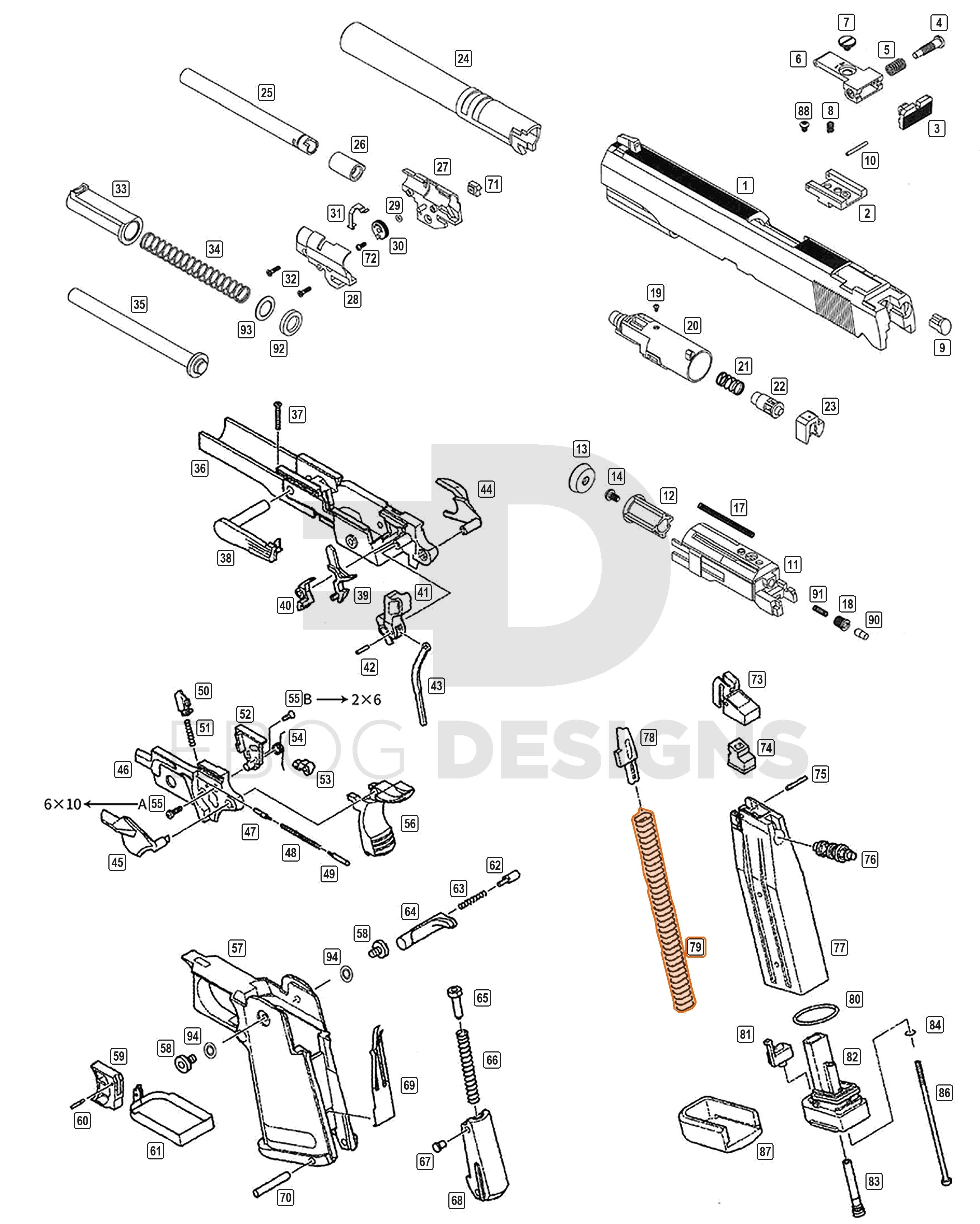Full WE Hi-Capa parts diagram showing where the magazine spring (part 79) fits
