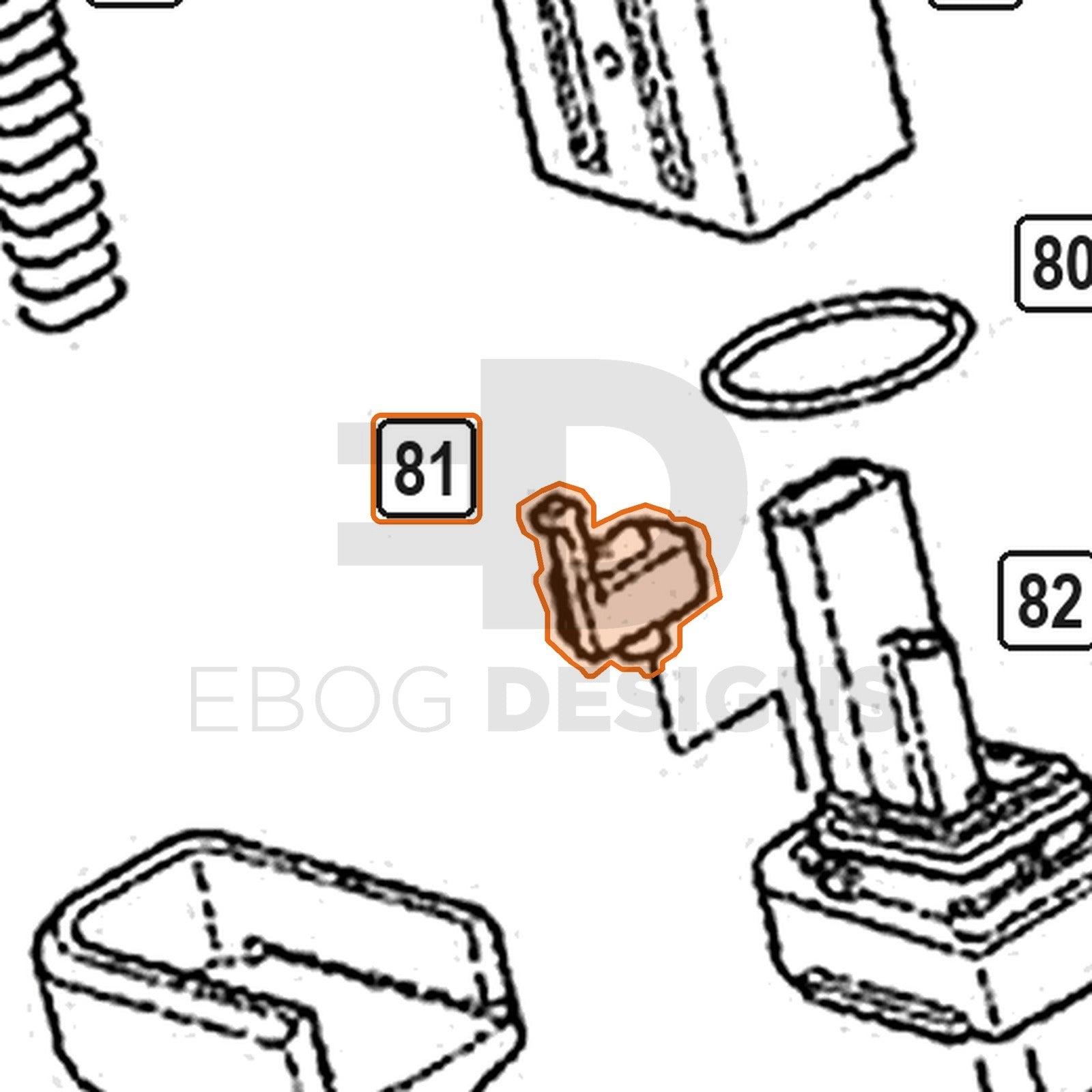 WE Hi-Capa parts diagram with the magazine bumper stopper, part 81, outlined