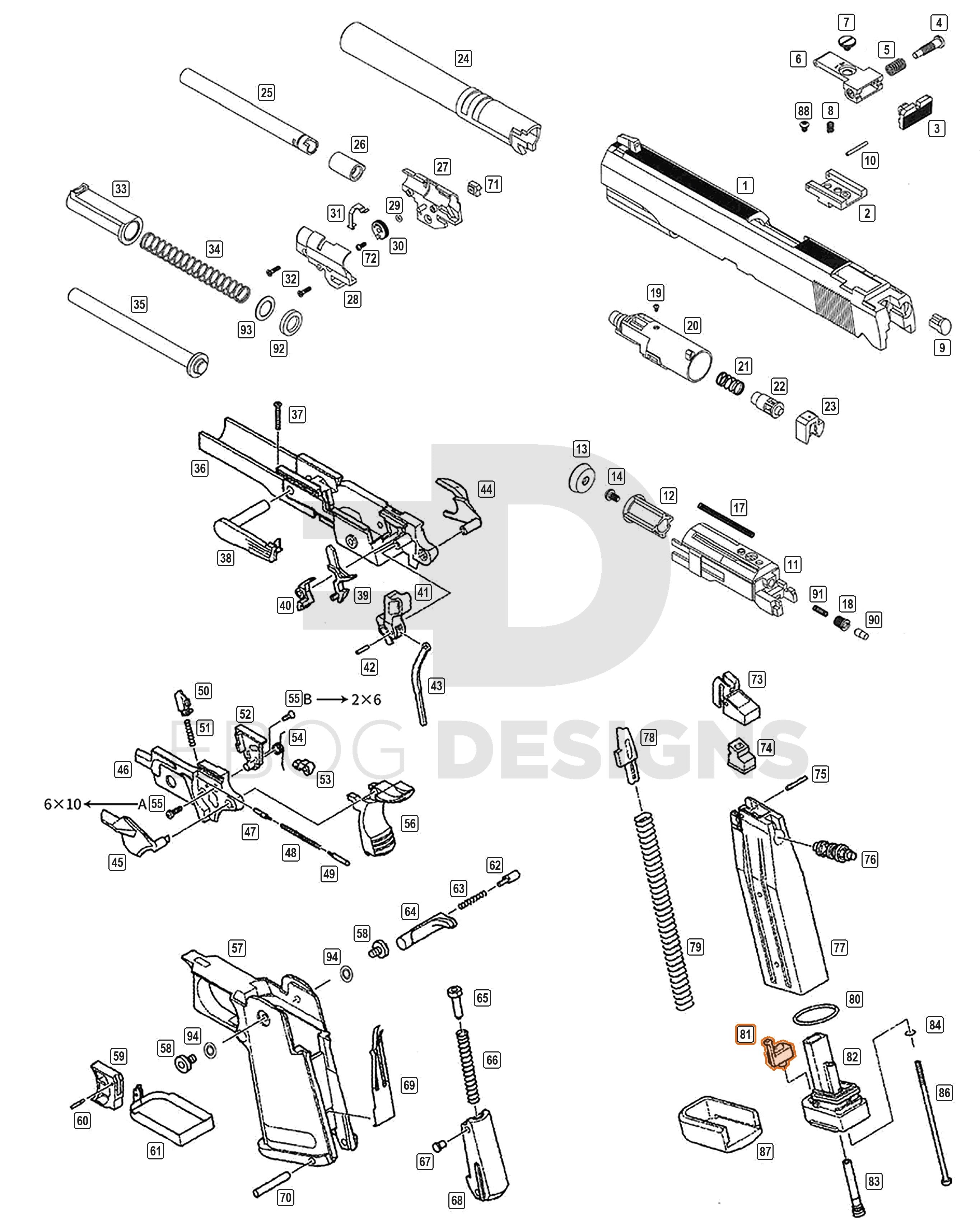 Full WE Hi-Capa parts diagram showing where the magazine bumper stopper (part 81) fits