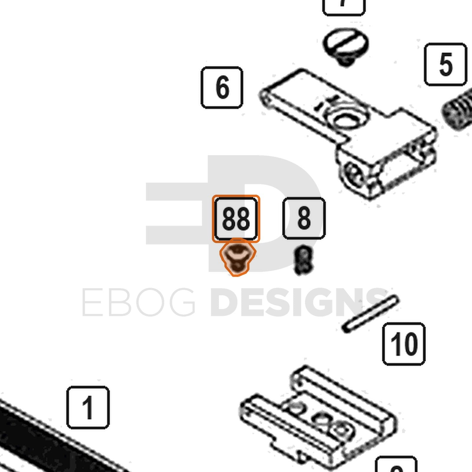 WE Hi-Capa parts diagram with the BBU top mounting screw, part 88, outlined