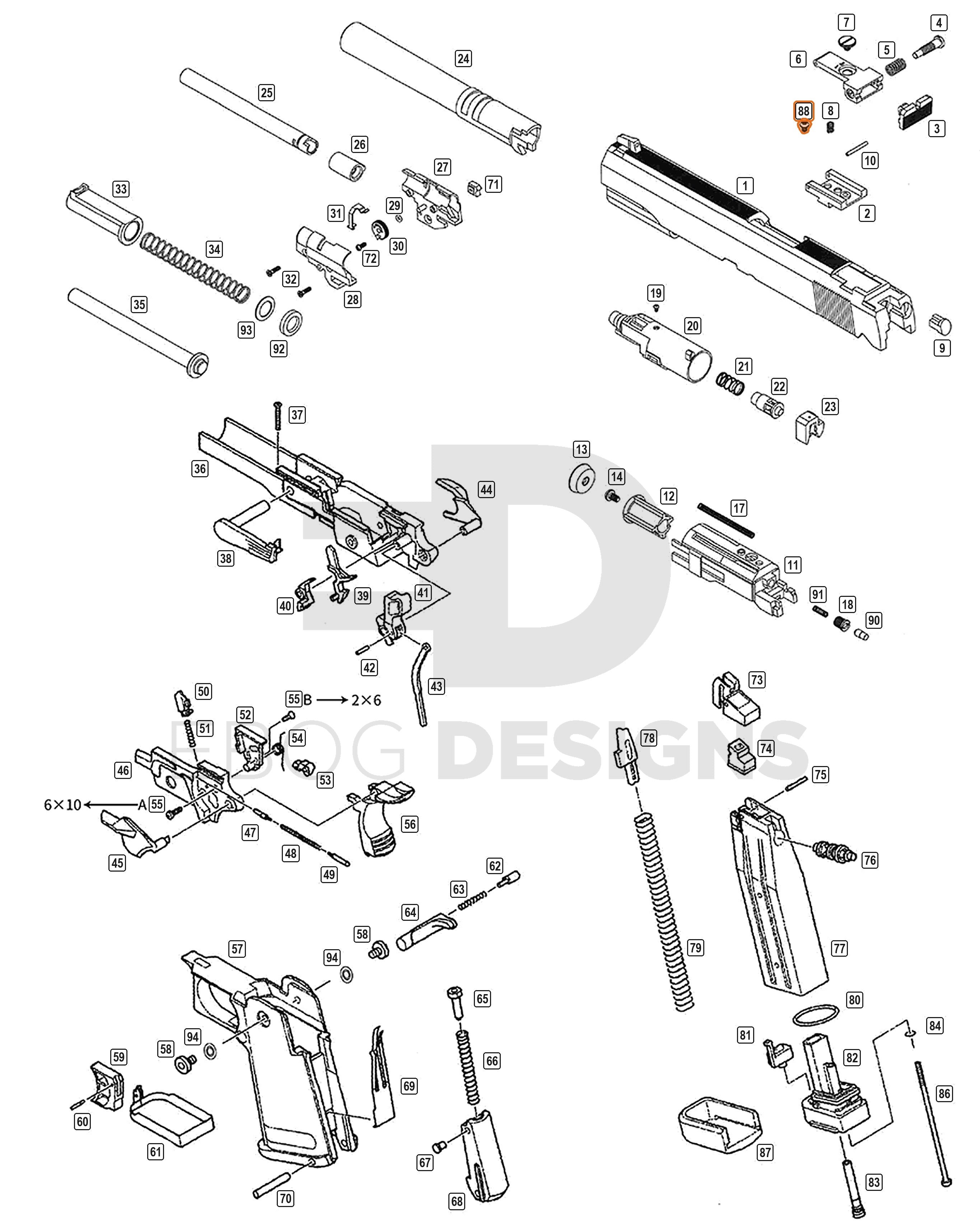Full WE Hi-Capa parts diagram showing where the BBU top mounting screw (part 88) fits