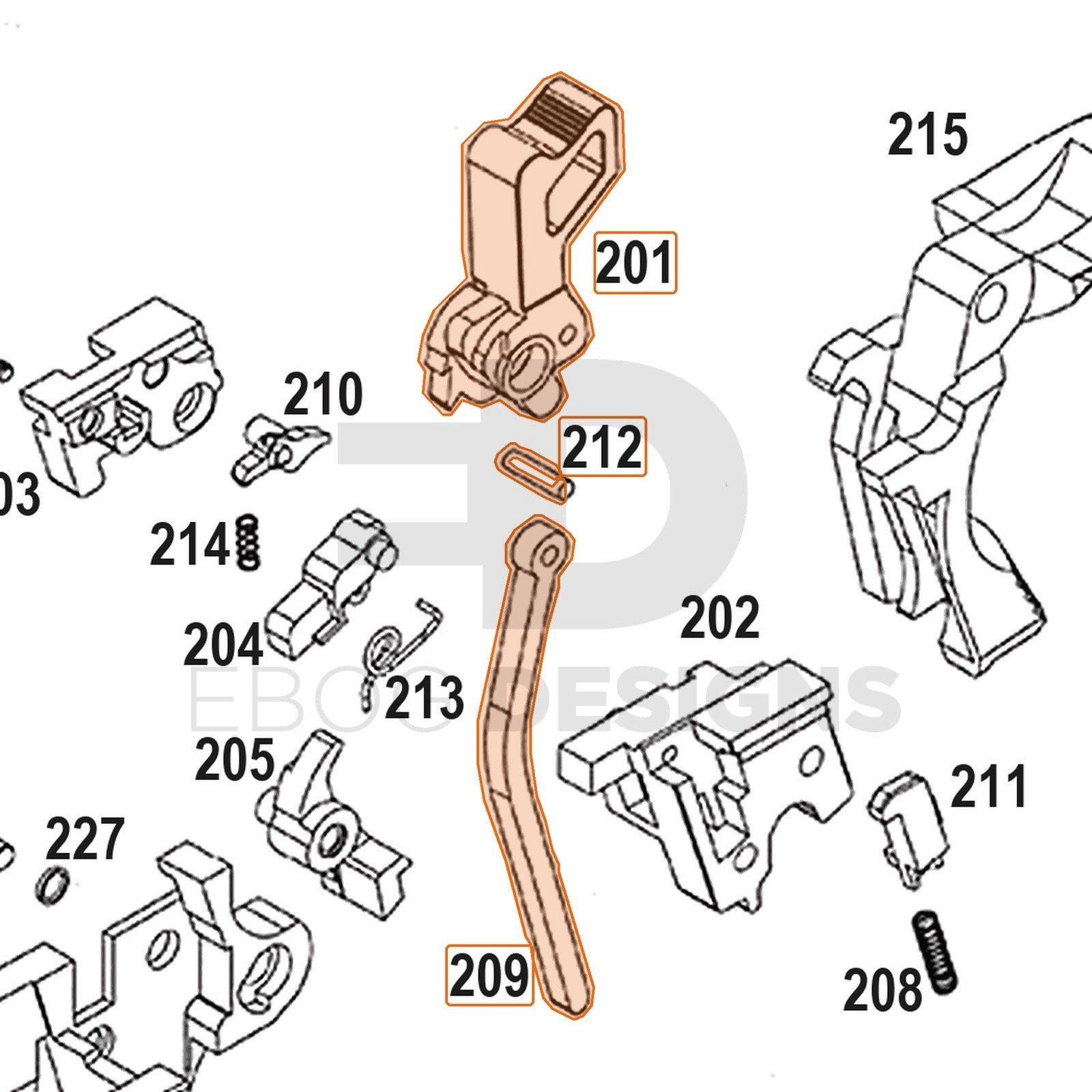 WE Hi-Capa full-auto lower parts diagram with the hammer set, parts 201, 209 and 212, outlined