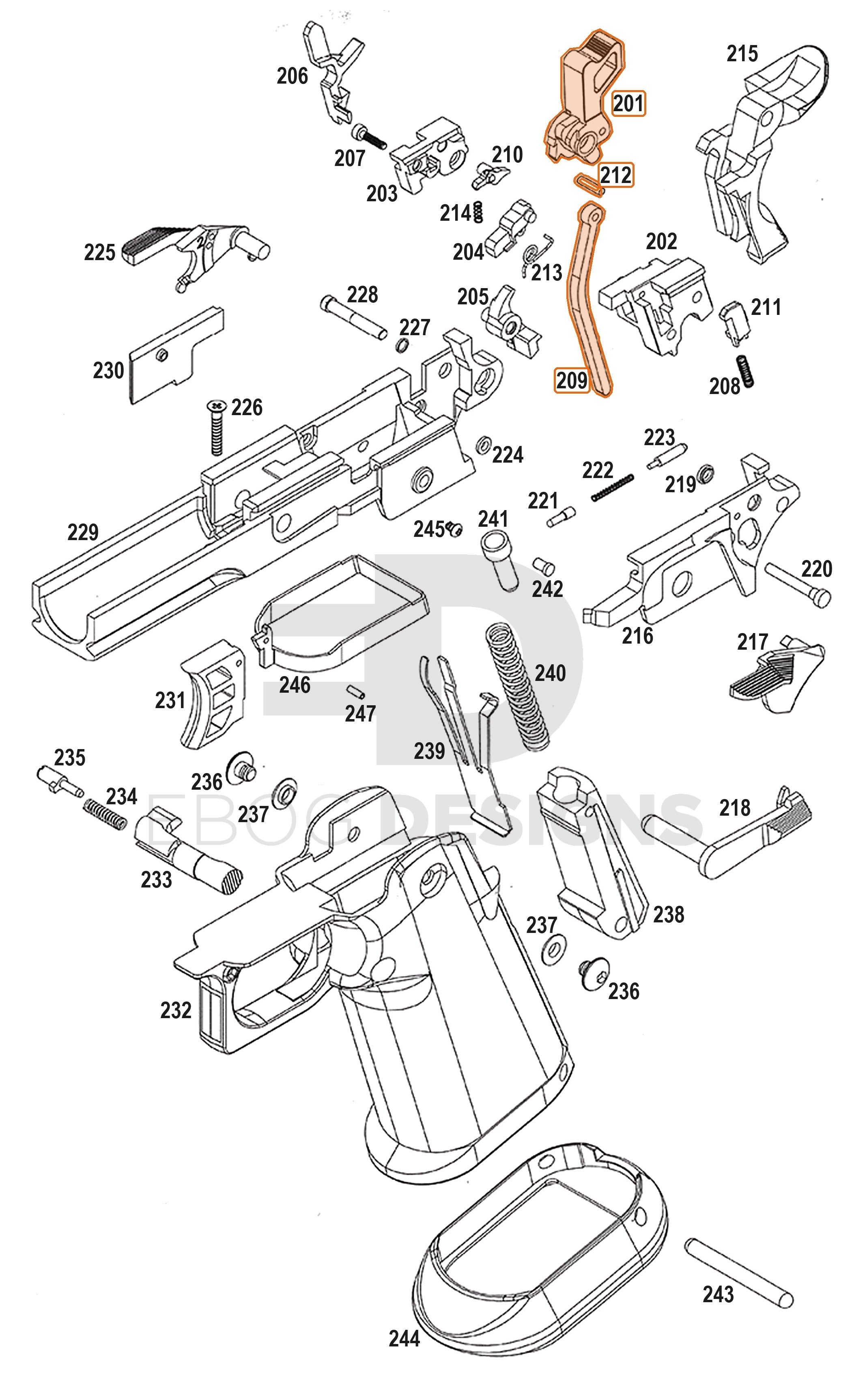 Full WE Hi-Capa full-auto lower parts diagram showing where the hammer set (parts 201, 209 and 212) fits