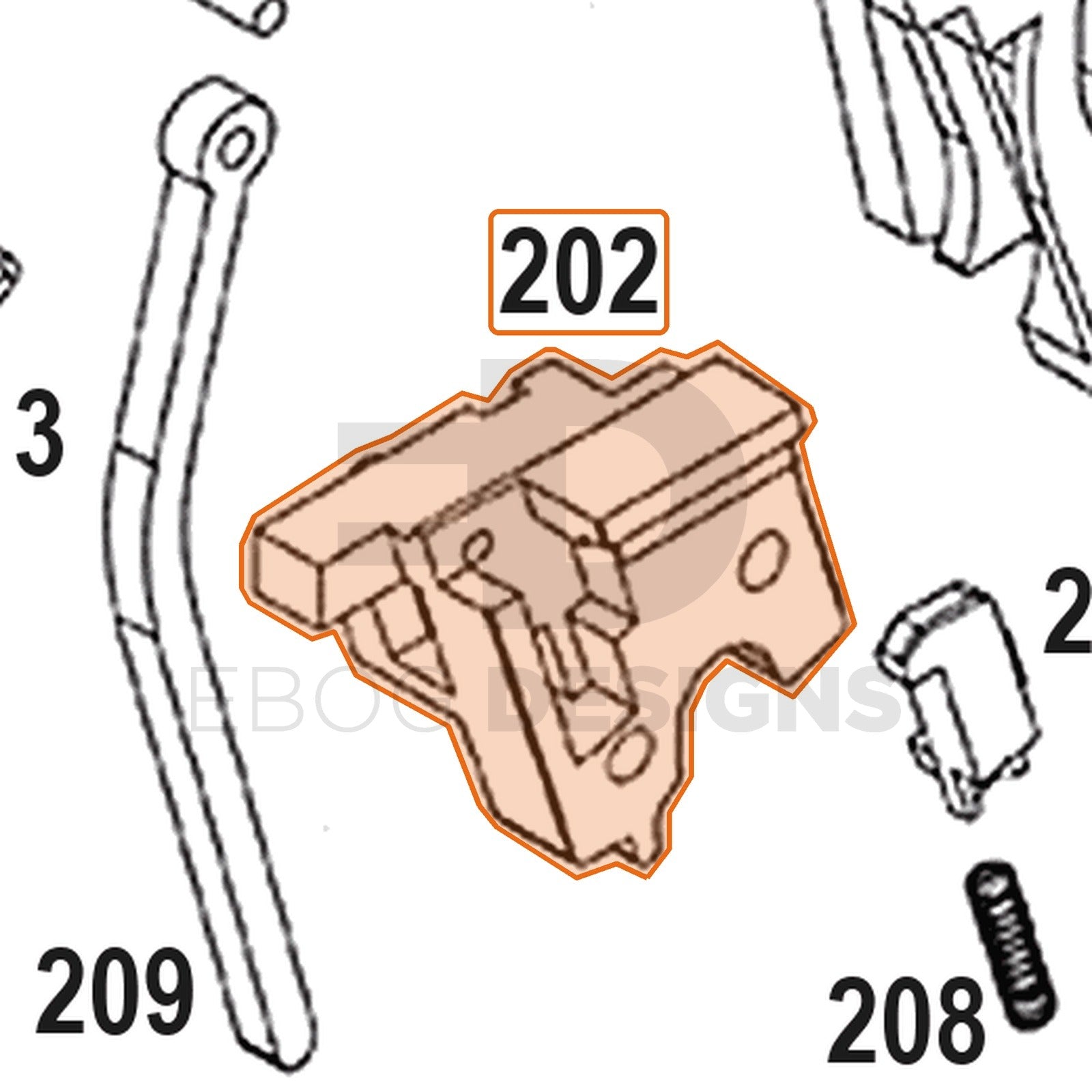 WE Hi-Capa full-auto lower parts diagram with the inner frame chassis, part 202, outlined