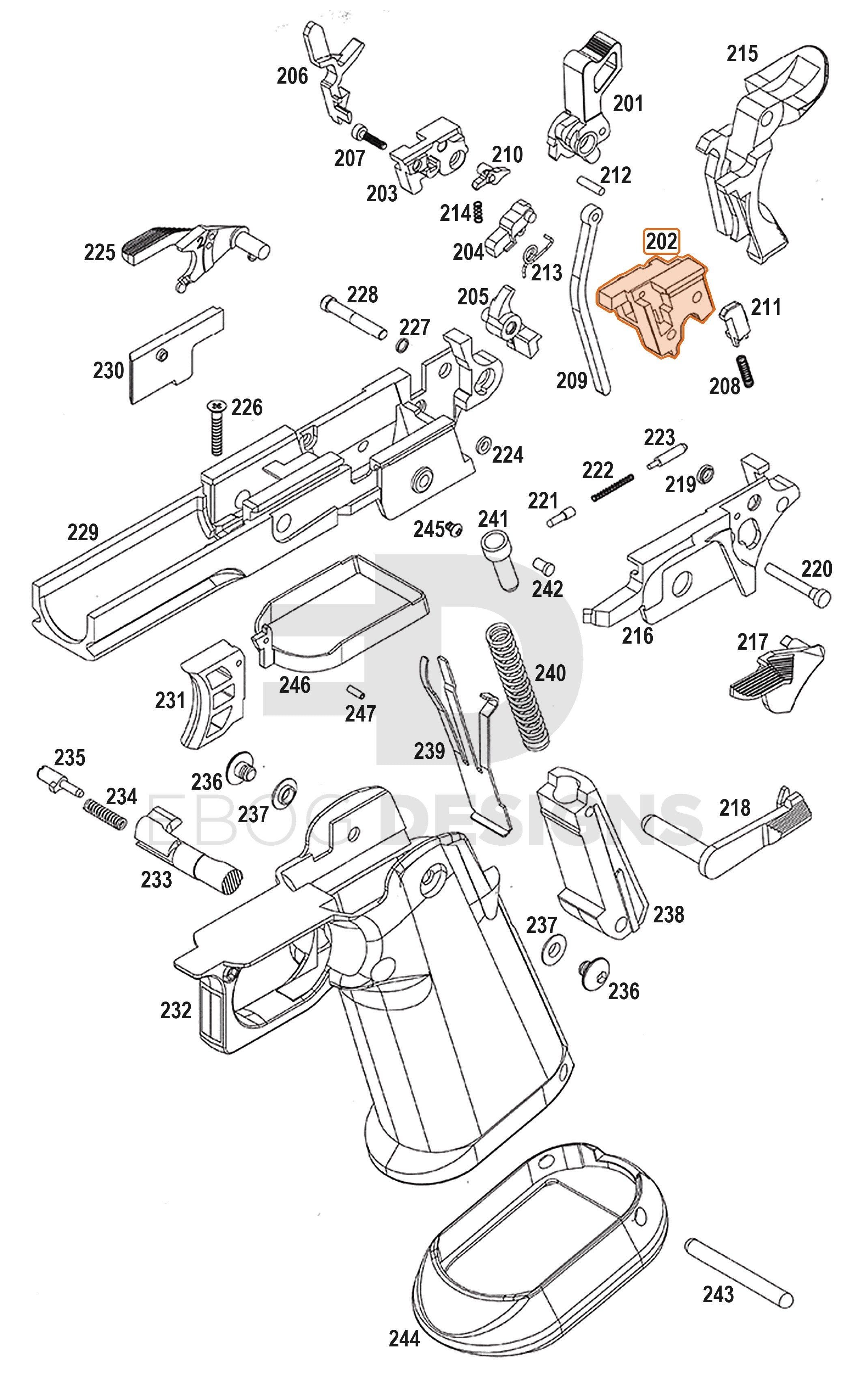 Full WE Hi-Capa full-auto lower parts diagram showing where the inner frame chassis (part 202) fits