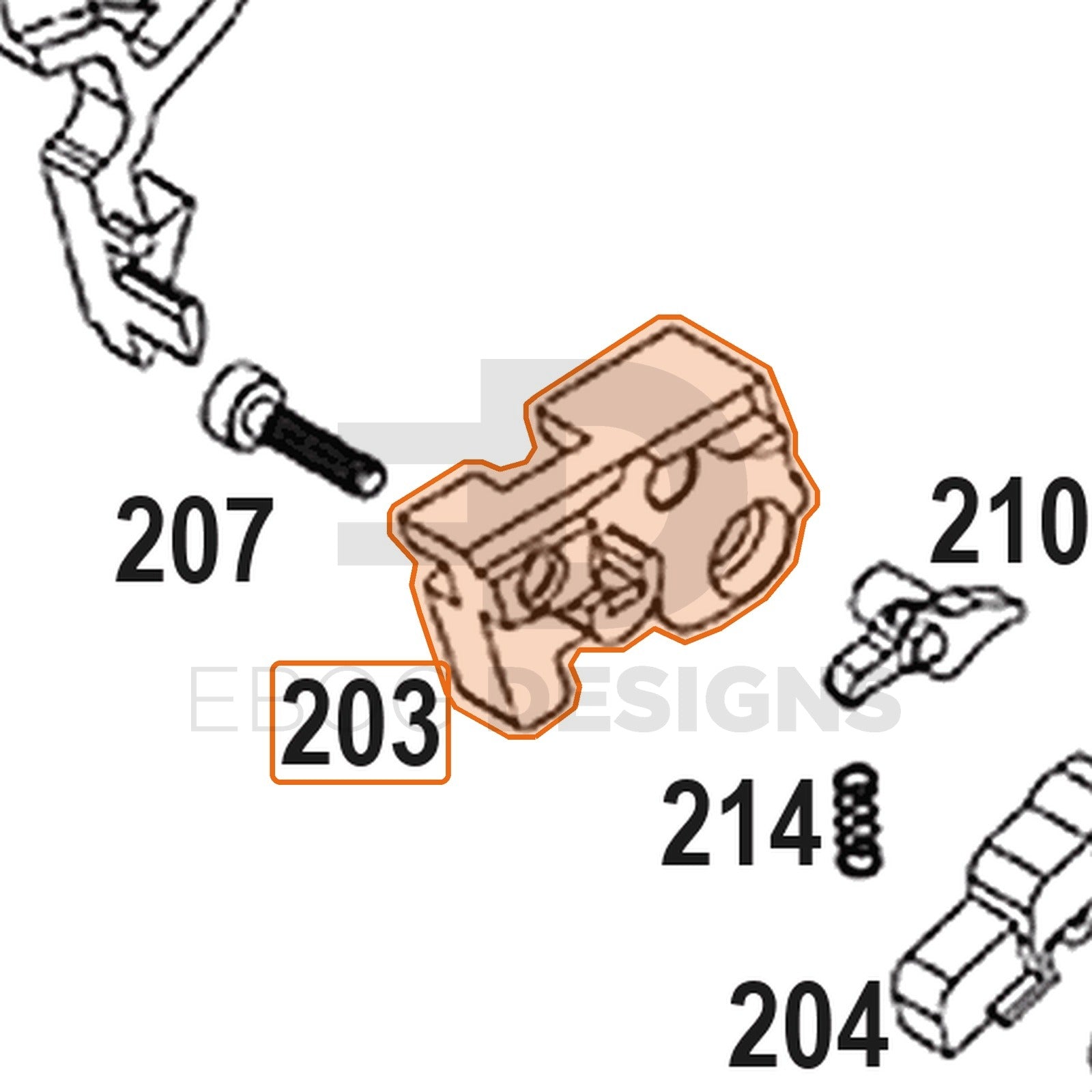 WE Hi-Capa full-auto lower parts diagram with the auto frame chassis, part 203, outlined