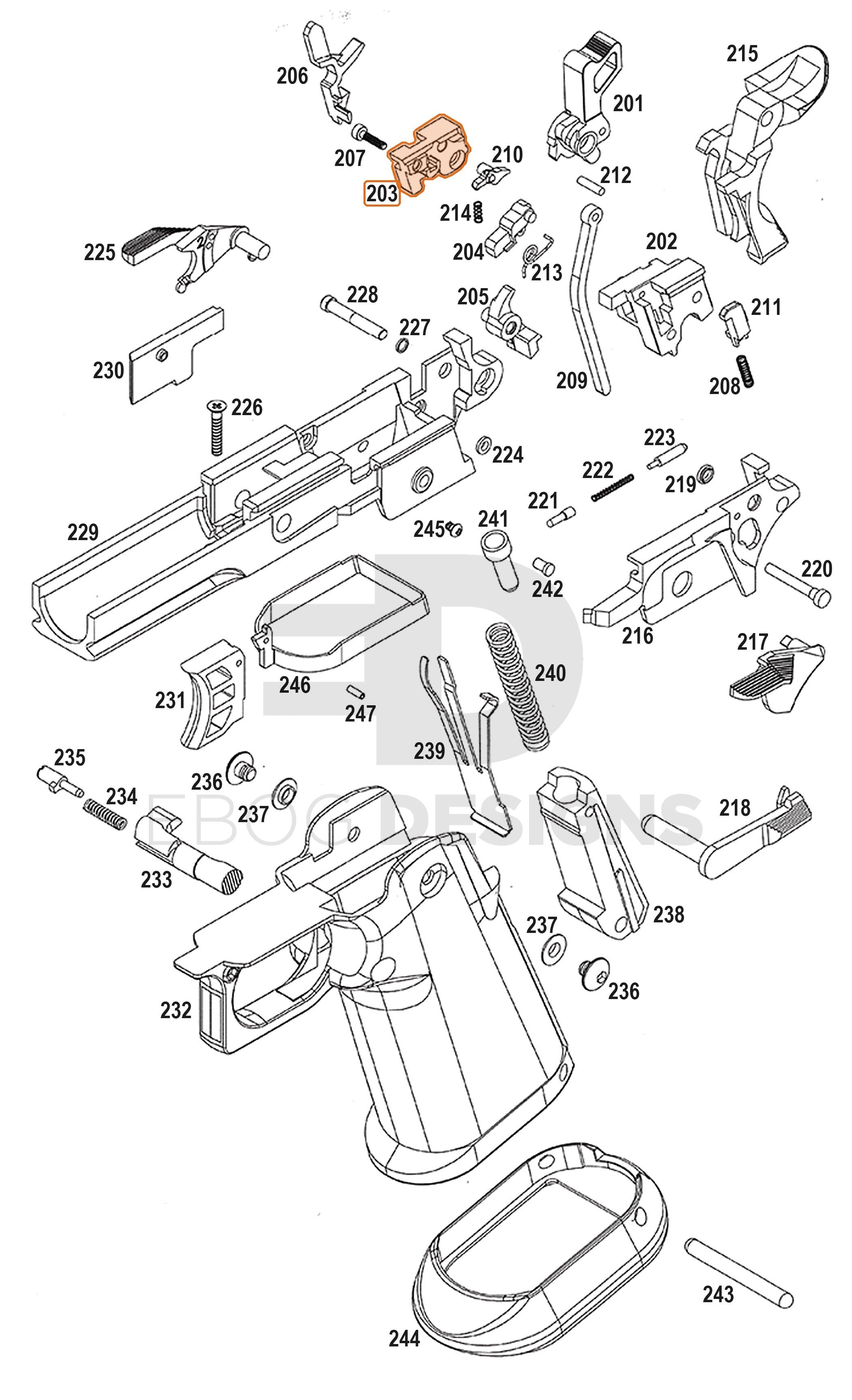 Full WE Hi-Capa full-auto lower parts diagram showing where the auto frame chassis (part 203) fits