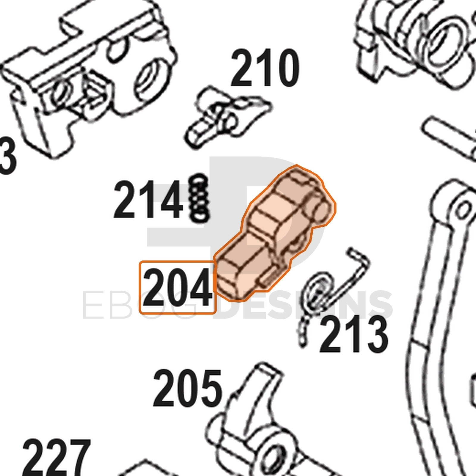 WE Hi-Capa full-auto lower parts diagram with the valve knocker, part 204, outlined