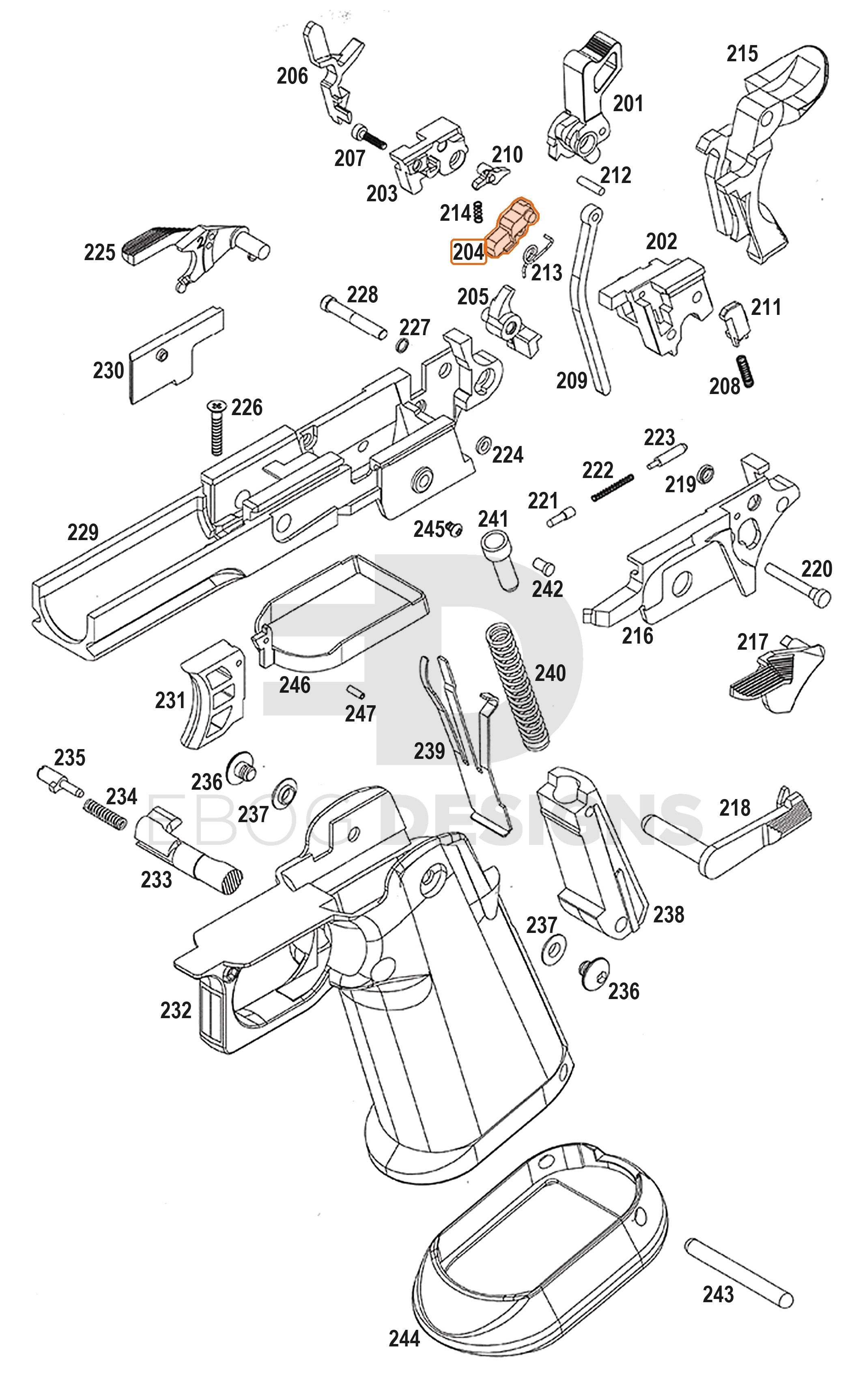 Full WE Hi-Capa full-auto lower parts diagram showing where the valve knocker (part 204) fits