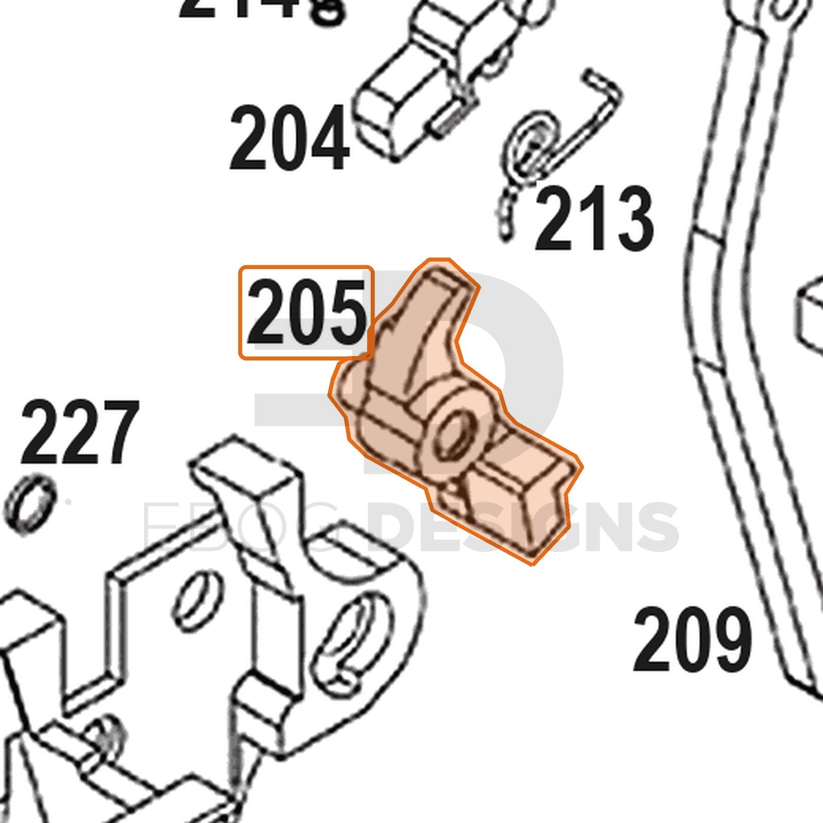 WE Hi-Capa full-auto lower parts diagram with the hammer sear, part 205, outlined