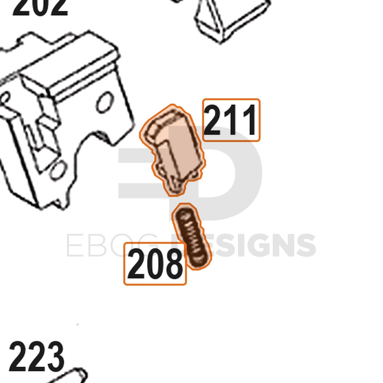 WE Hi-Capa full-auto lower parts diagram with the valve knocker sear and spring, parts 208 and 211, outlined