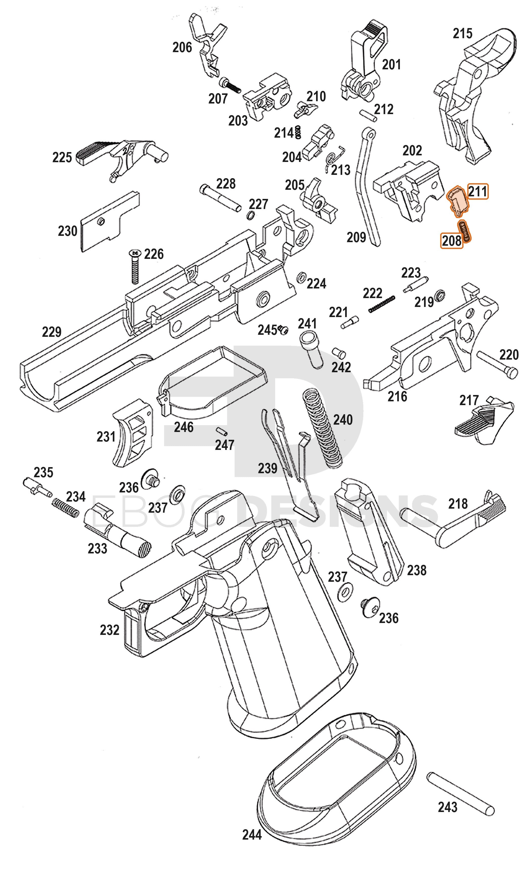Full WE Hi-Capa full-auto lower parts diagram showing where the valve knocker sear and spring (parts 208 and 211) fit