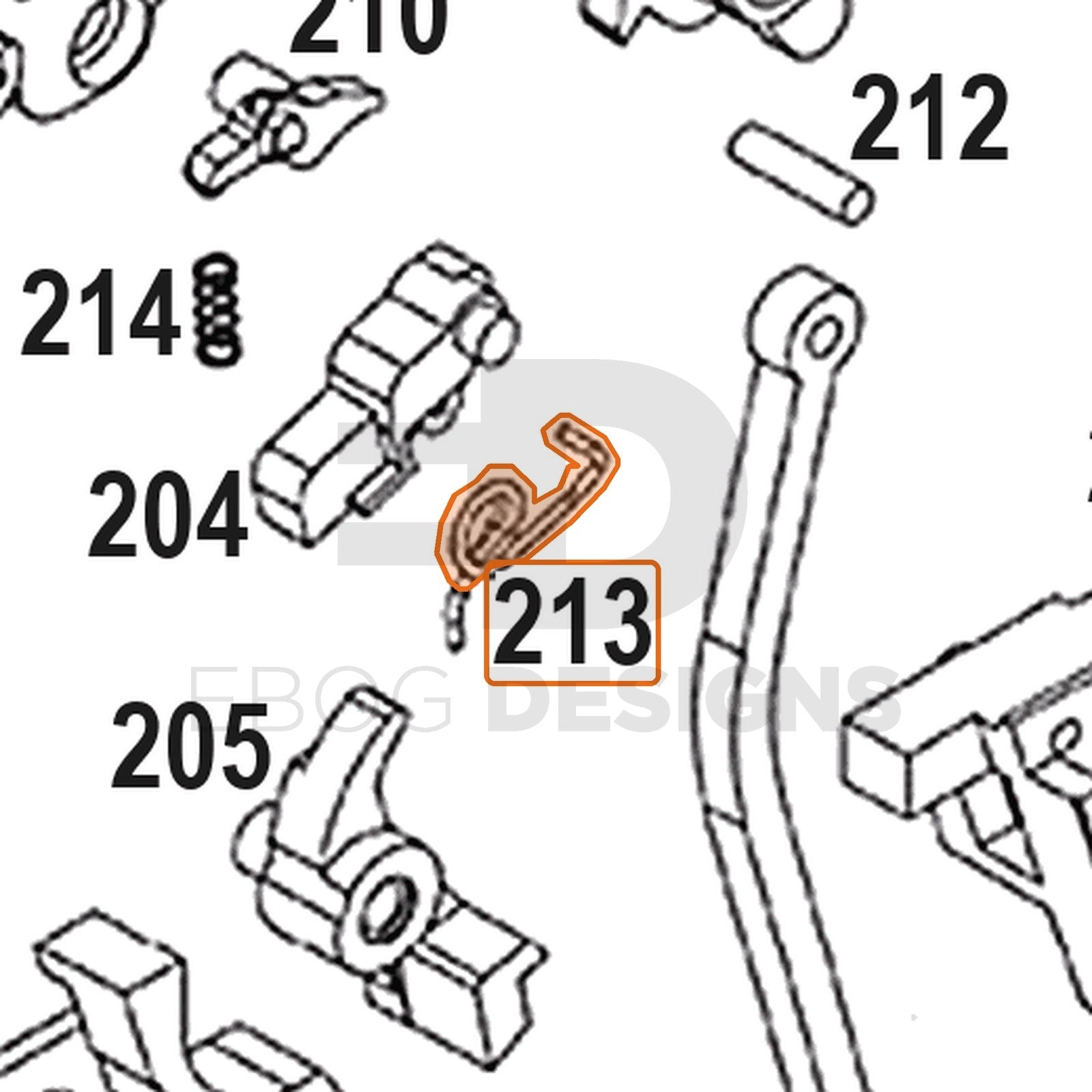 WE Hi-Capa full-auto lower parts diagram with the valve knocker spring, part 213, outlined