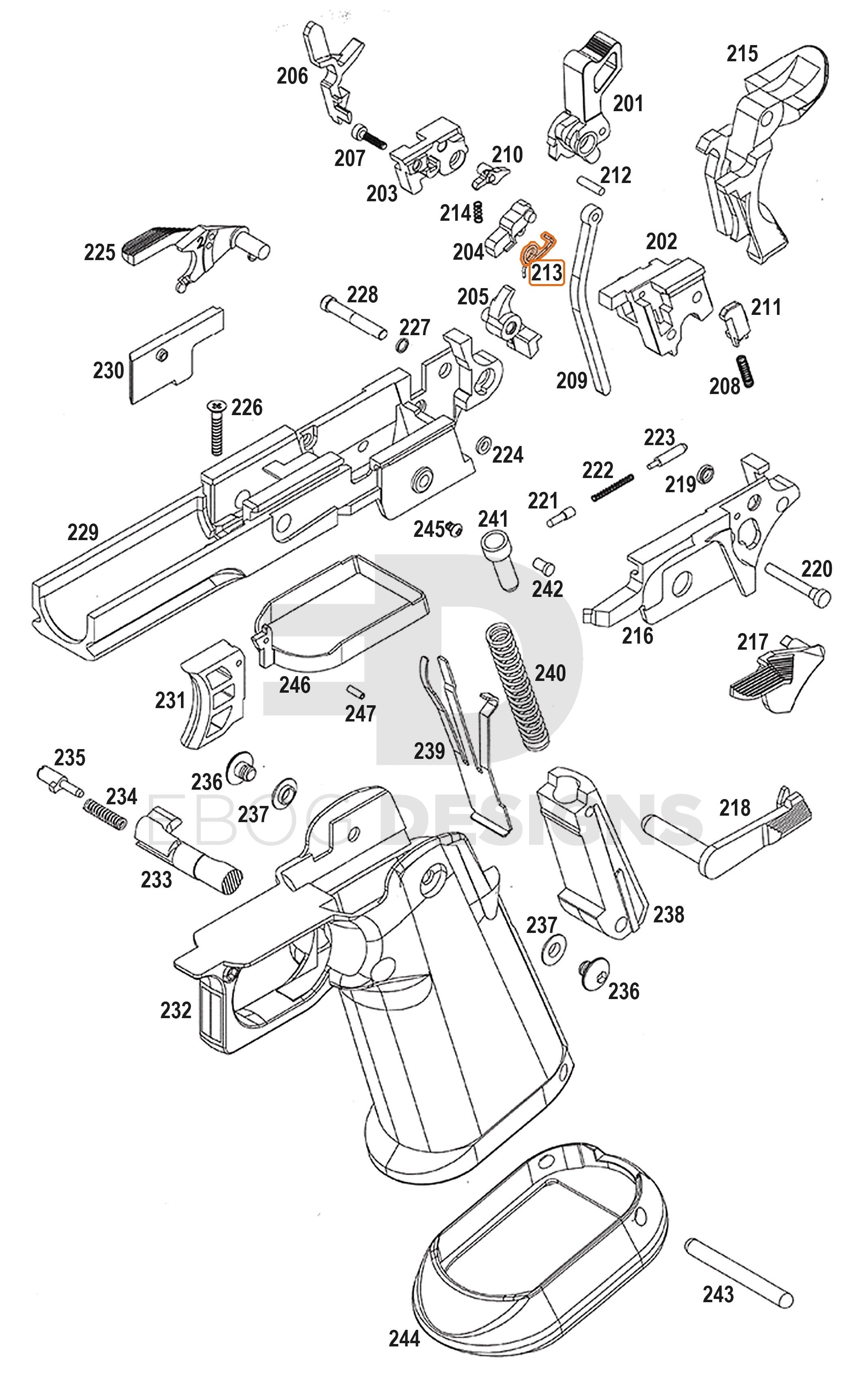 Full WE Hi-Capa full-auto lower parts diagram showing where the valve knocker spring (part 213) fits