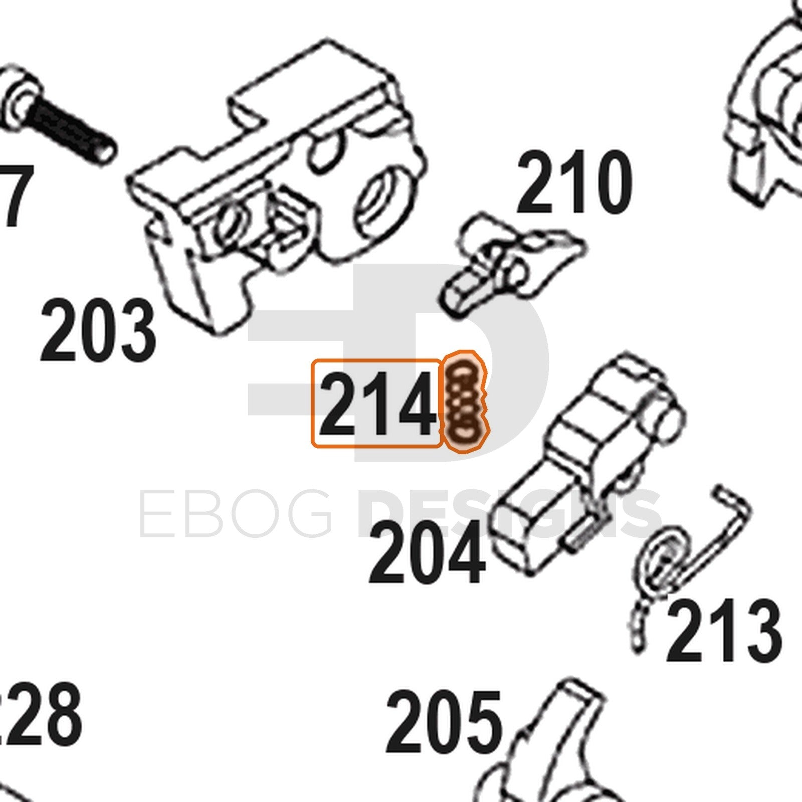 WE Hi-Capa full-auto lower parts diagram with the auto sear spring, part 214, outlined